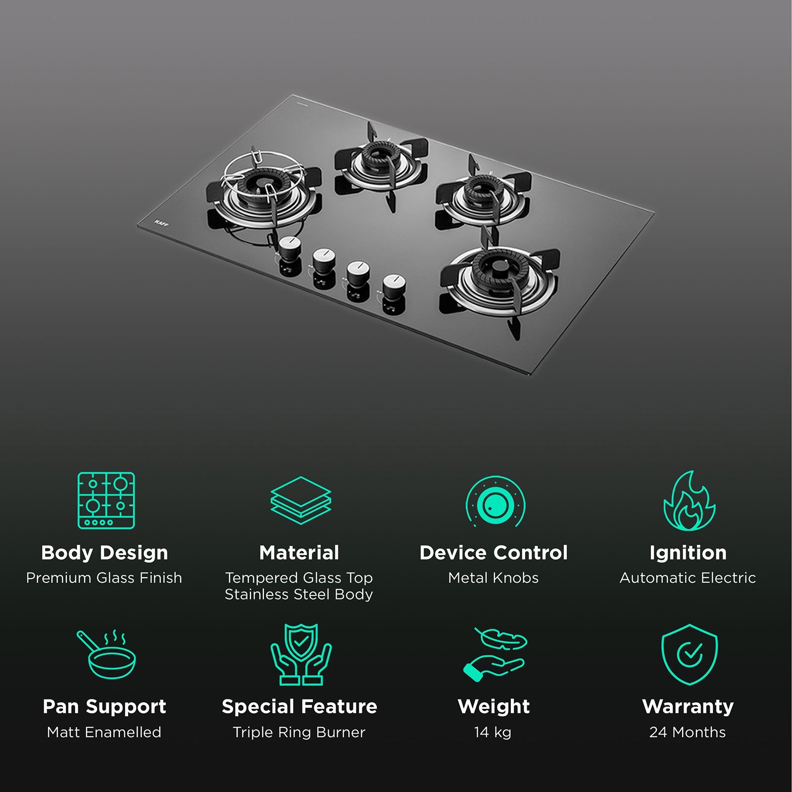 KAFF Crista Tempered Glass Top 4 Burner Automatic Electric Hob (Matte Enamelled Pan Support, Black)_3