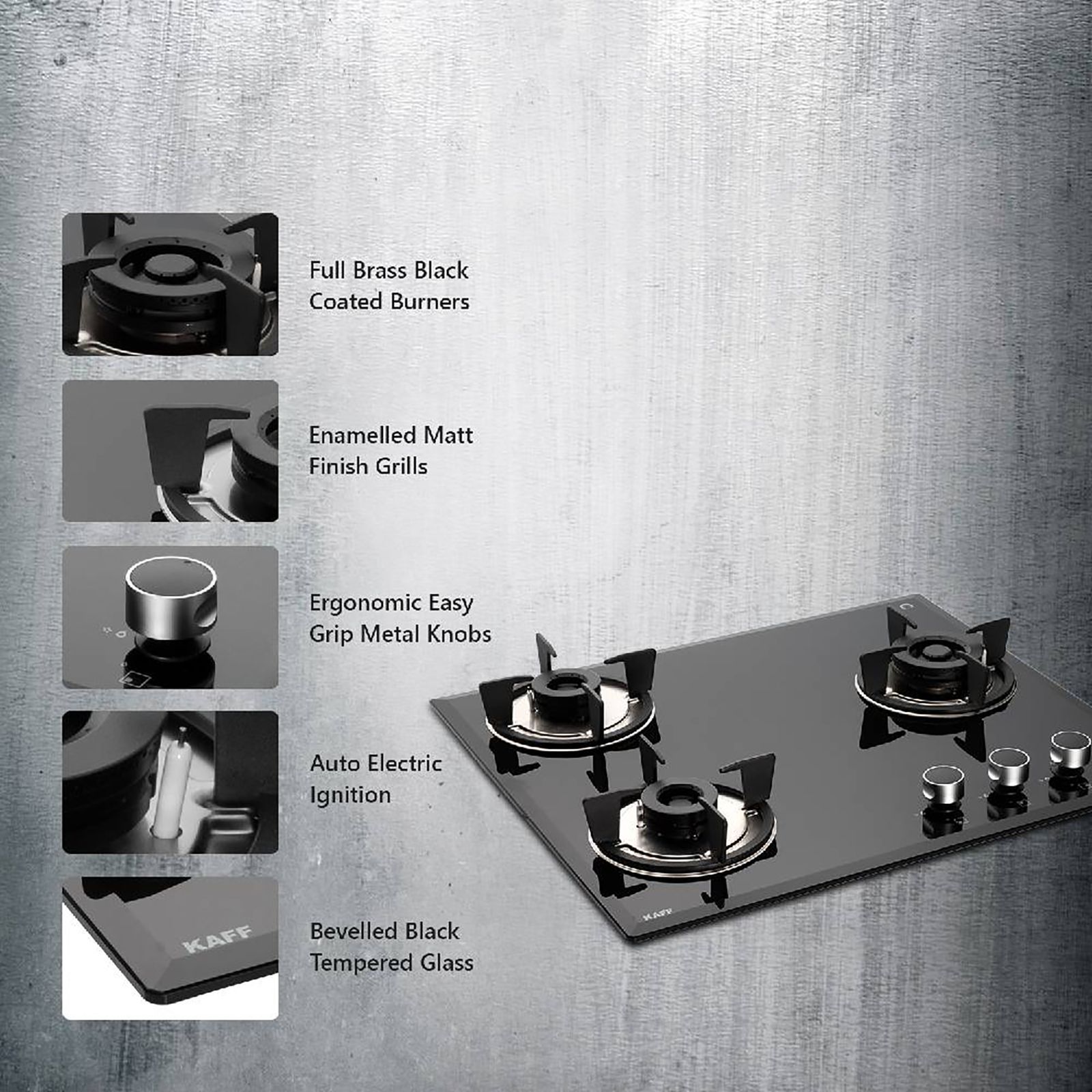 KAFF FBB 603 Tempered Glass Top 3 Burner Automatic Electric Hob (Enamelled Matt Finish Grills, Black)_21