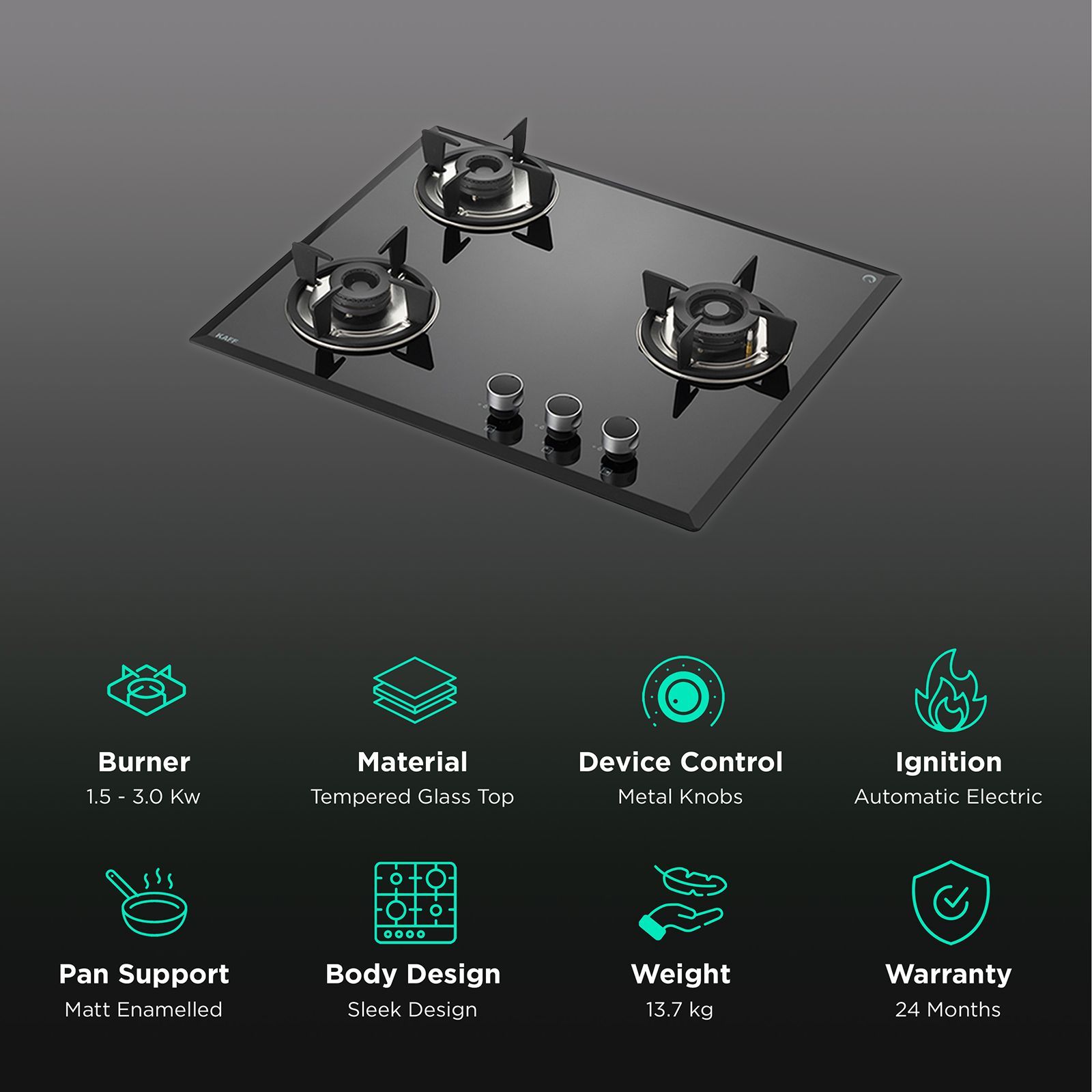 KAFF FBB 603 Tempered Glass Top 3 Burner Automatic Electric Hob (Enamelled Matt Finish Grills, Black)_3