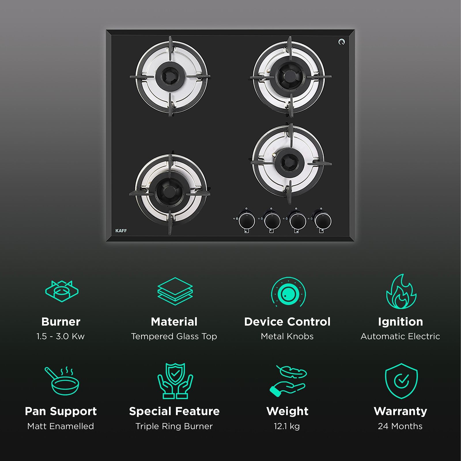 KAFF FBB 604 Tempered Glass Top 4 Burner Automatic Electric Hob (Enamelled Matt Finish Grills, Black)_3