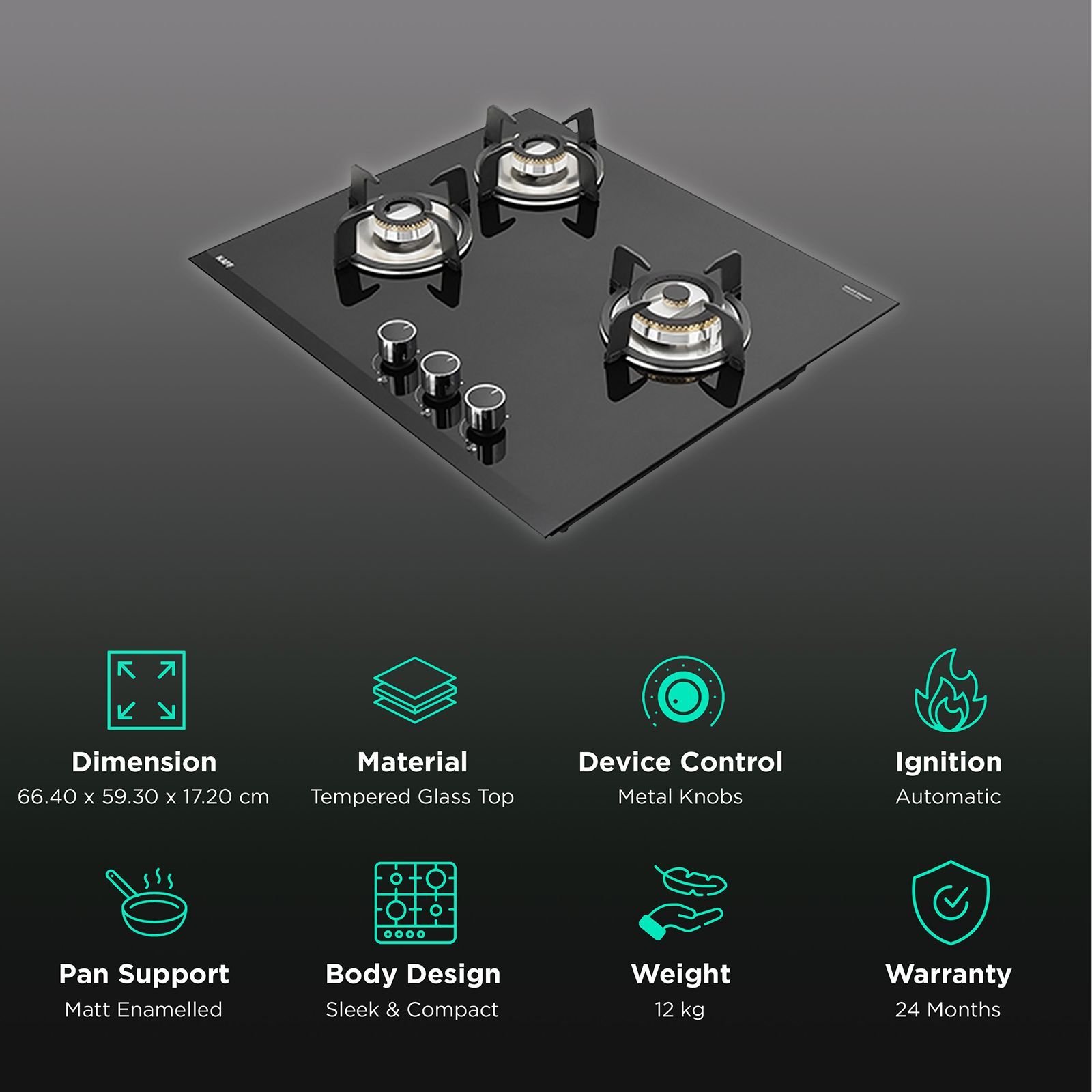KAFF VRH 603 Tempered Glass Top 3 Burner Automatic Hob (Matte Enamelled Pan Support, Black)_3