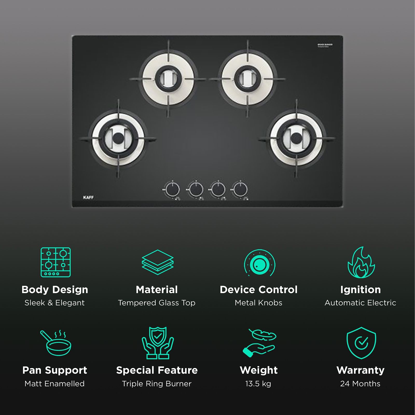 KAFF VRH 784 Tempered Glass Top 4 Burner Automatic Electric Hob (Matte Enamelled Pan Support, Black)_3