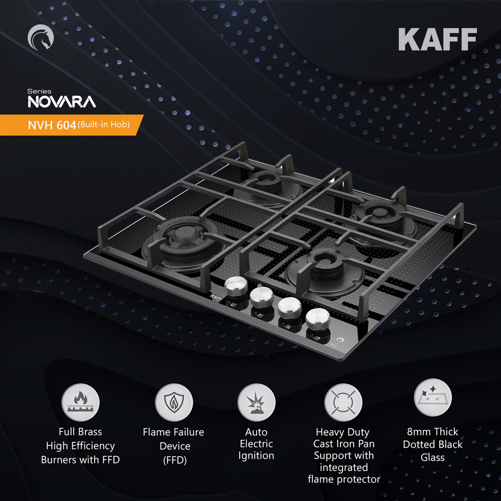 KAFF Novara Tempered Glass Top 4 Burner Automatic Electric Hob (Heavy Duty Cast Iron Pan Support, Black)_9
