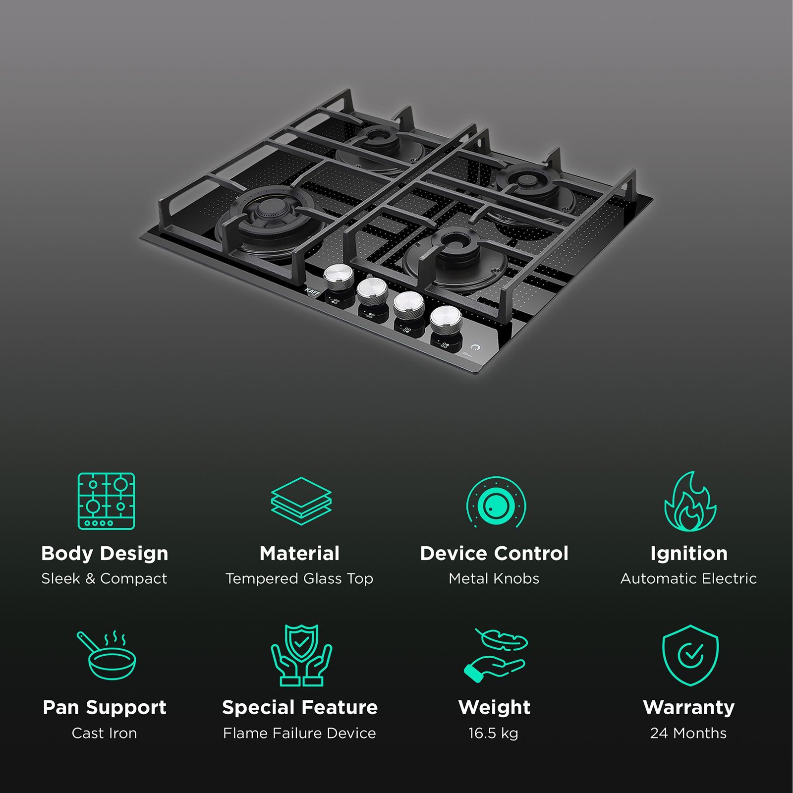 KAFF Novara Tempered Glass Top 4 Burner Automatic Electric Hob (Heavy Duty Cast Iron Pan Support, Black)_3