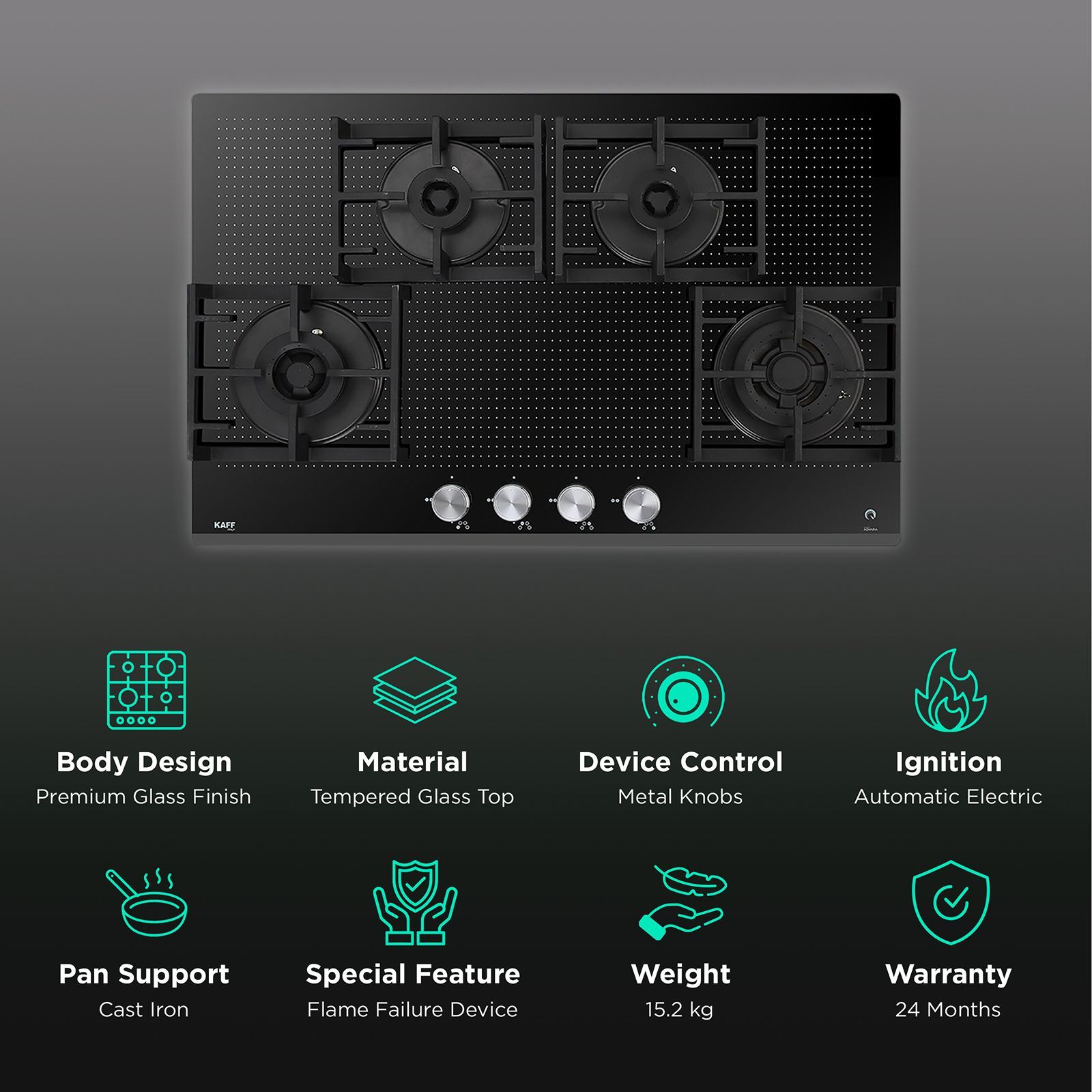 KAFF Novara Tempered Glass Top 4 Burner Automatic Electric Hob (Heavy Duty Cast Iron Pan Support, Black)_3