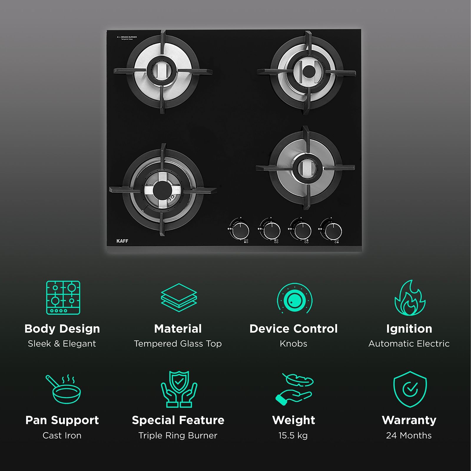 KAFF KH60 BR4 Tempered Glass Top 4 Burner Automatic Electric Hob (Heavy Duty Cast Iron Pan Support, Black) KAFF KH60 BR4 Tempered Glass Top 4 Burner Automatic Electric Hob (Heavy Duty Cast Iron Pan Support, Black)_3