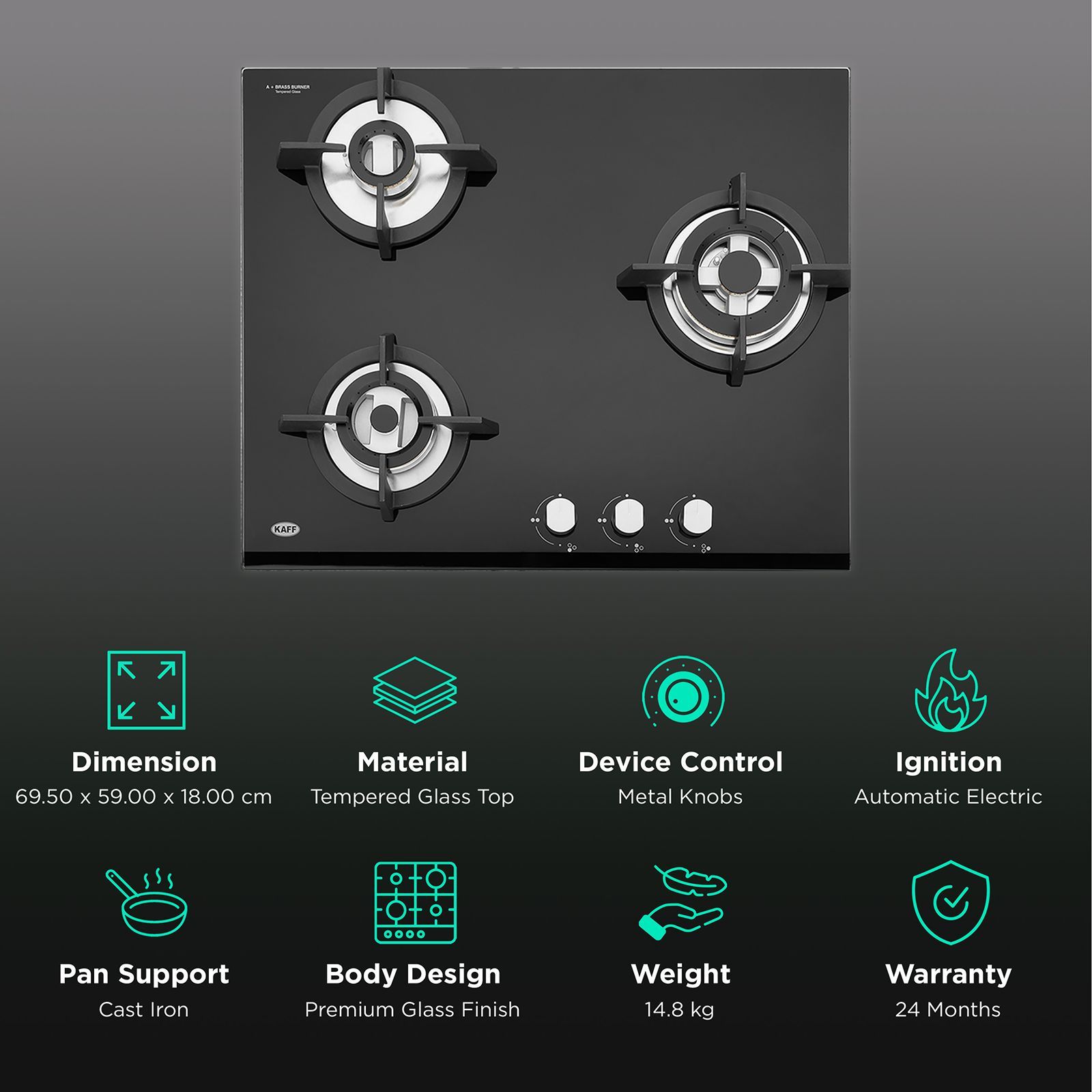 KAFF KH 60 BR 31 Tempered Glass Top 3 Burner Automatic Electric Hob (Heavy Duty Cast Iron Pan Support, Black)_3