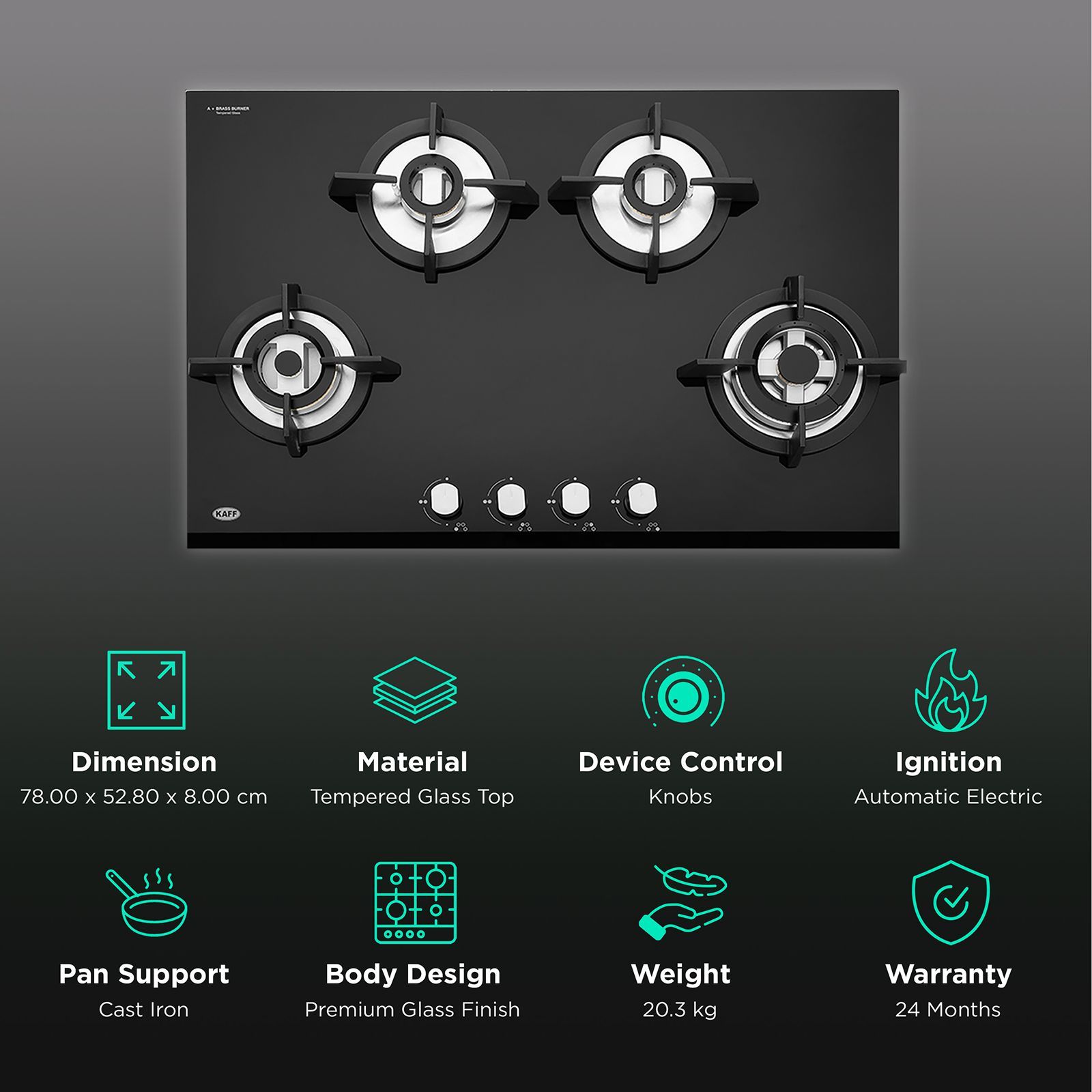 KAFF KH 78 BR 47 Tempered Glass Top 4 Burner Automatic Electric Hob (Heavy Duty Cast Iron Pan Support, Black)_3