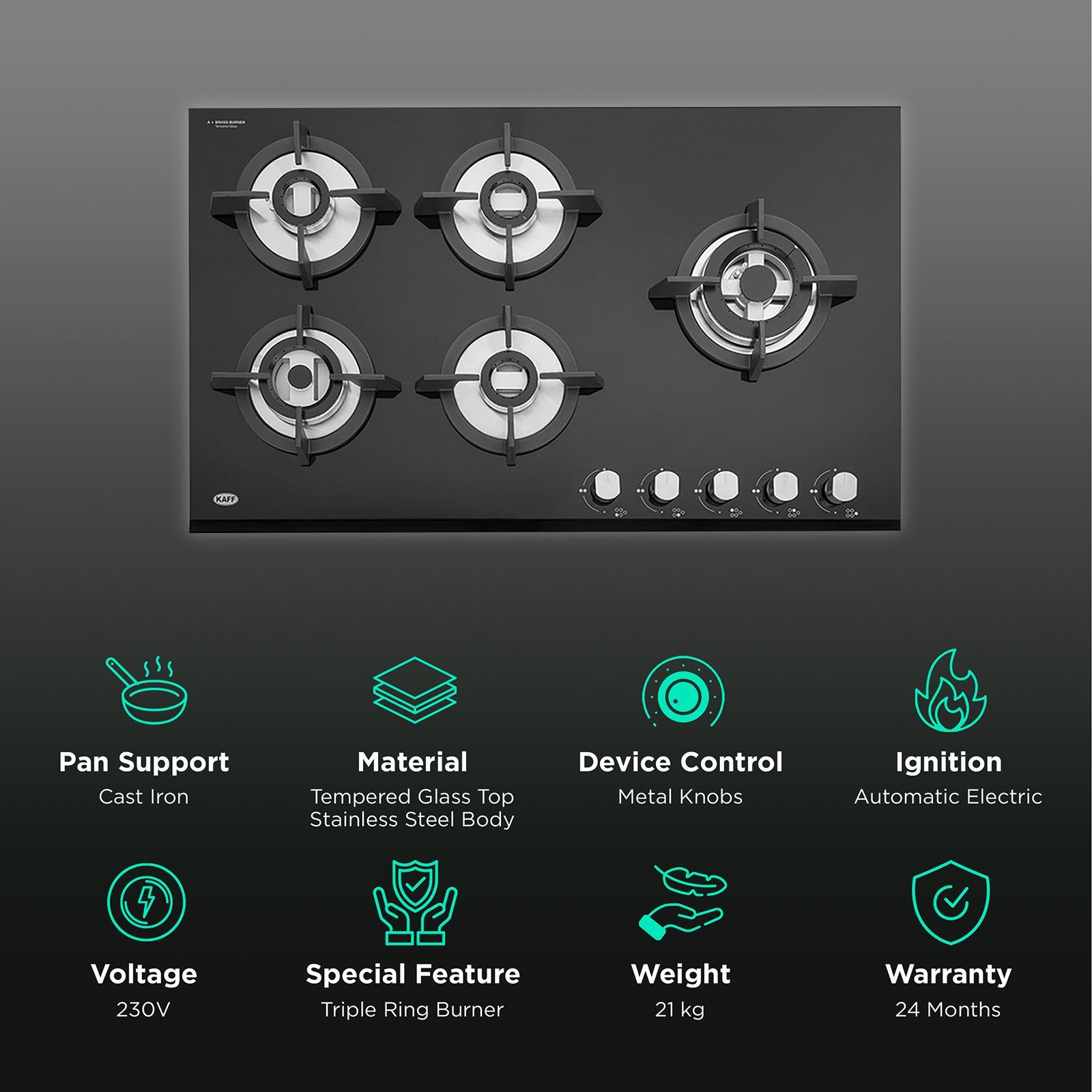 KAFF KH 86 BR 53 Tempered Glass Top 5 Burner Automatic Electric Hob (Heavy Duty Cast Iron Pan Support, Black)_3