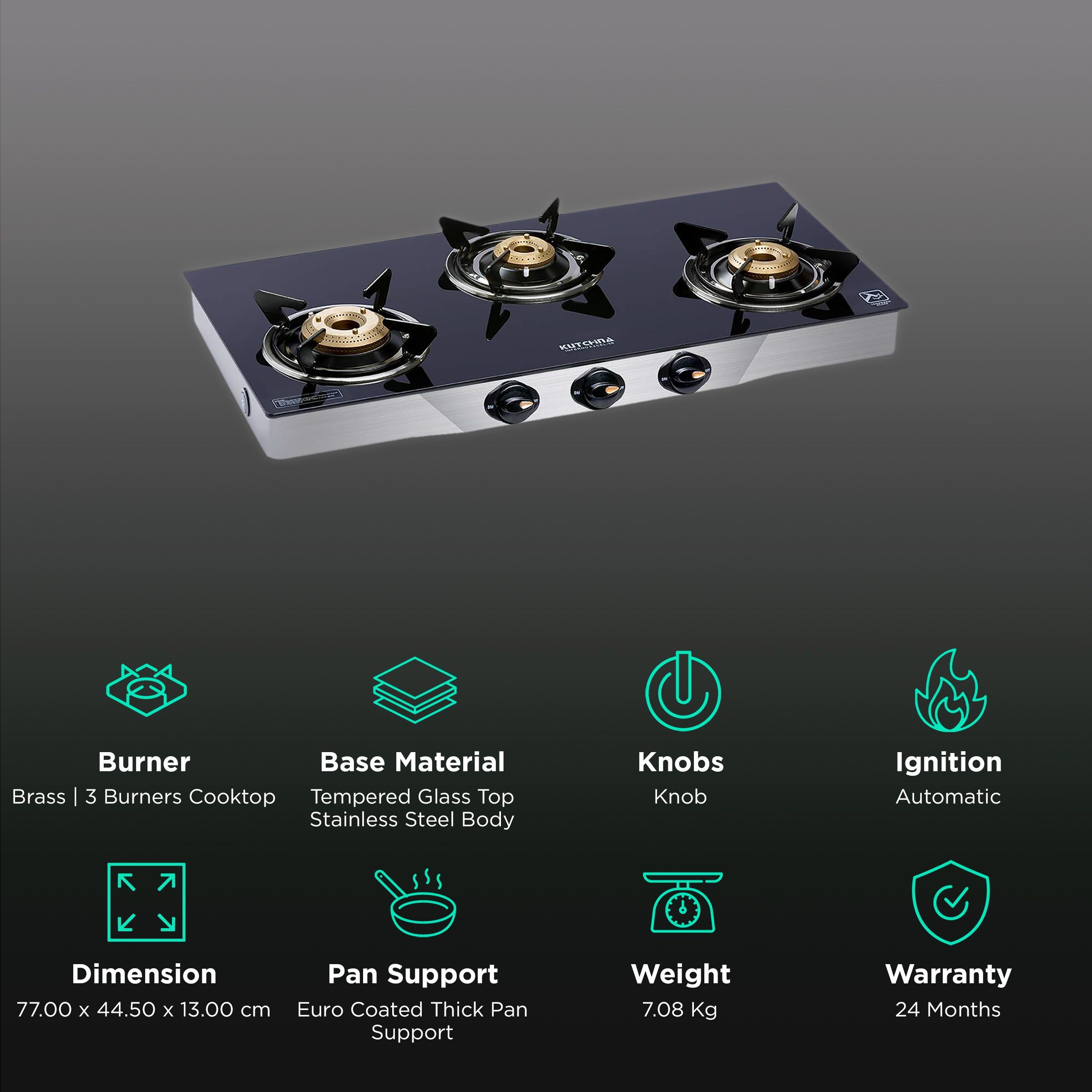 Kutchina Inferno Excel 3B Tempered Glass Top 3 Burner Automatic Gas Stove (Euro Coated Thick Pan Support, Black)_3