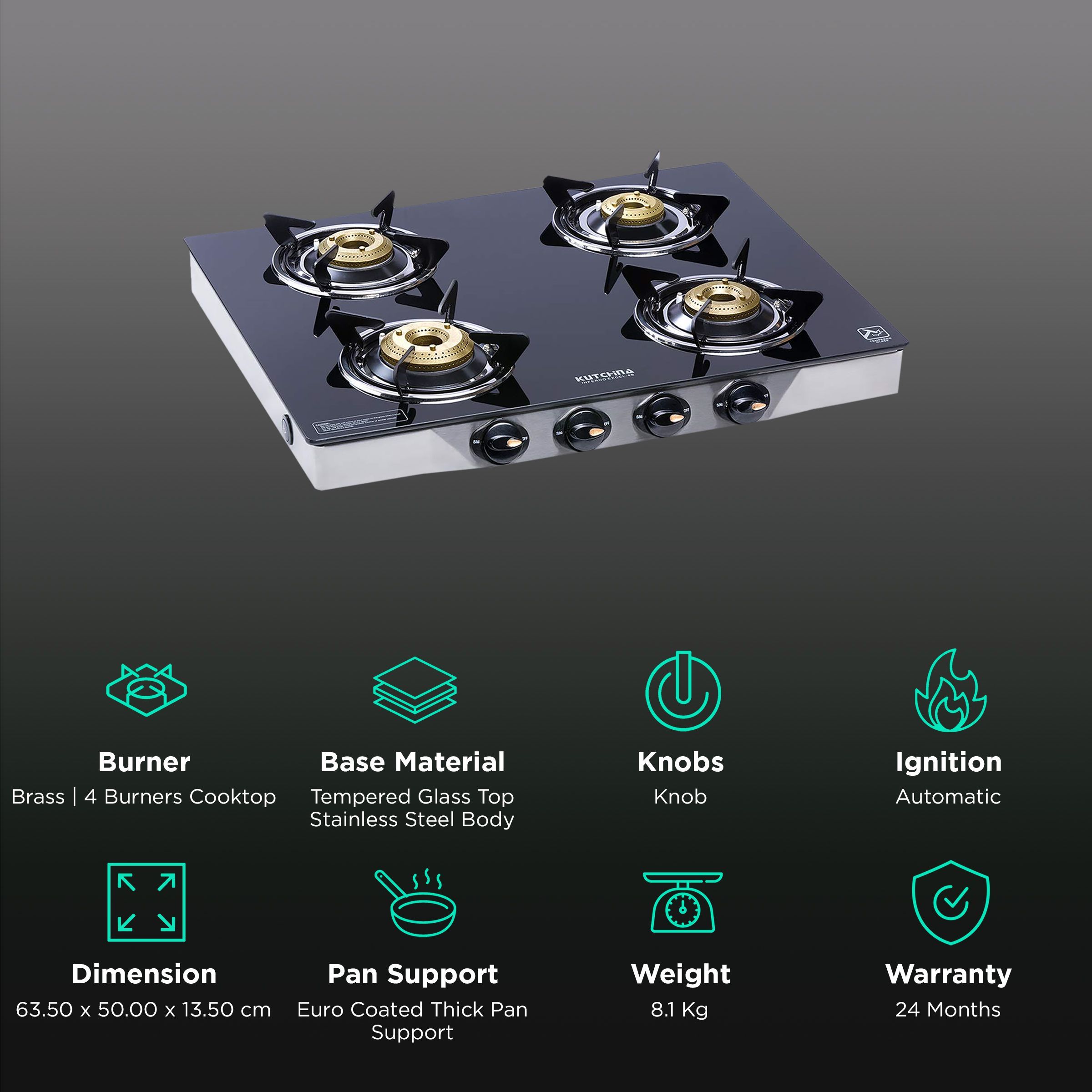 Kutchina Inferno Excel 4B Tempered Glass Top 4 Burner Automatic Gas Stove (Euro Coated Thick Pan Support, Black)_3