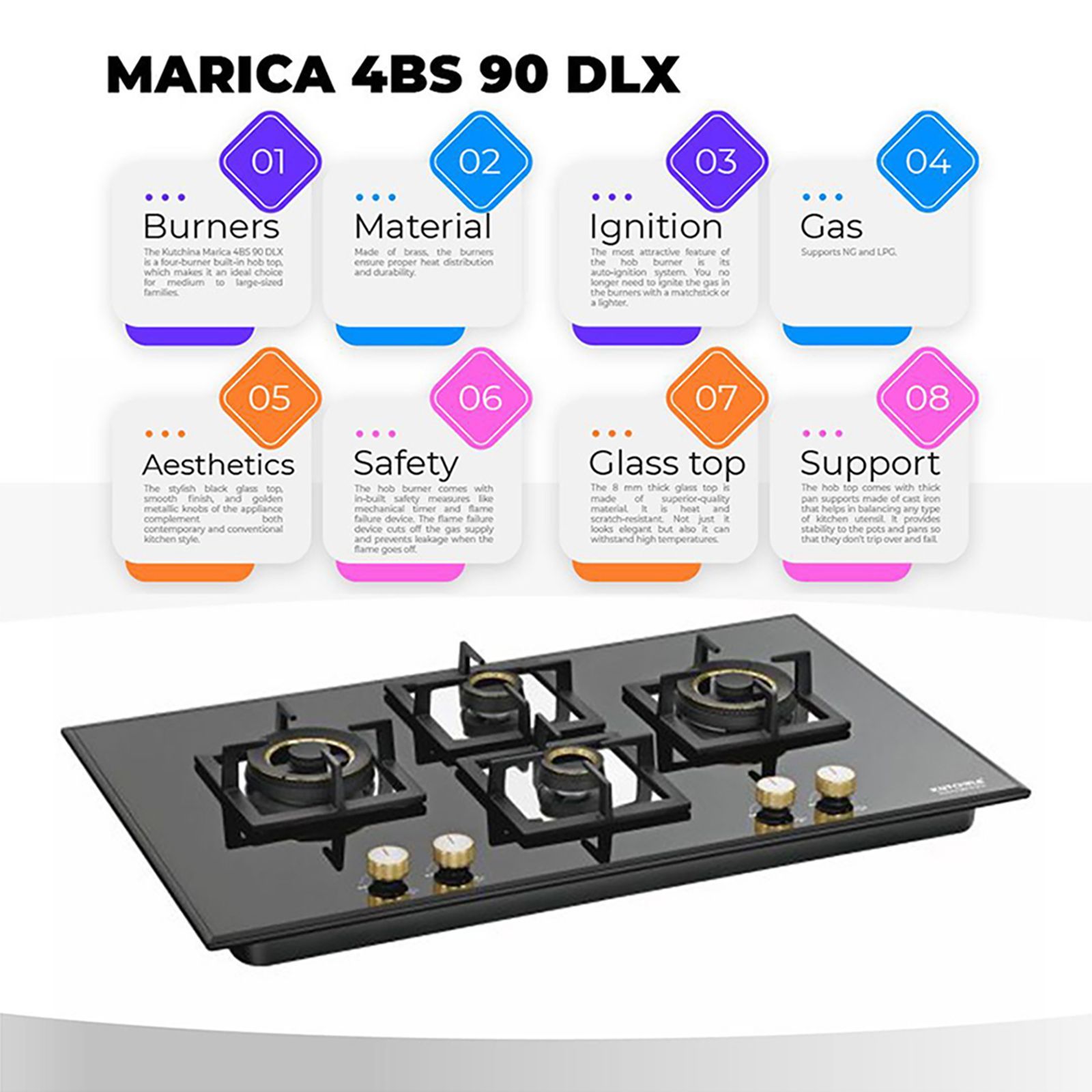 Kutchina Marica 4BS 90 DLX Toughened Glass Top 4 Burner Automatic Electric Hob (Aesthetic Designs, Black) Kutchina Marica 4BS 90 DLX Toughened Glass Top 4 Burner Automatic Electric Hob (Aesthetic Designs, Black)_5