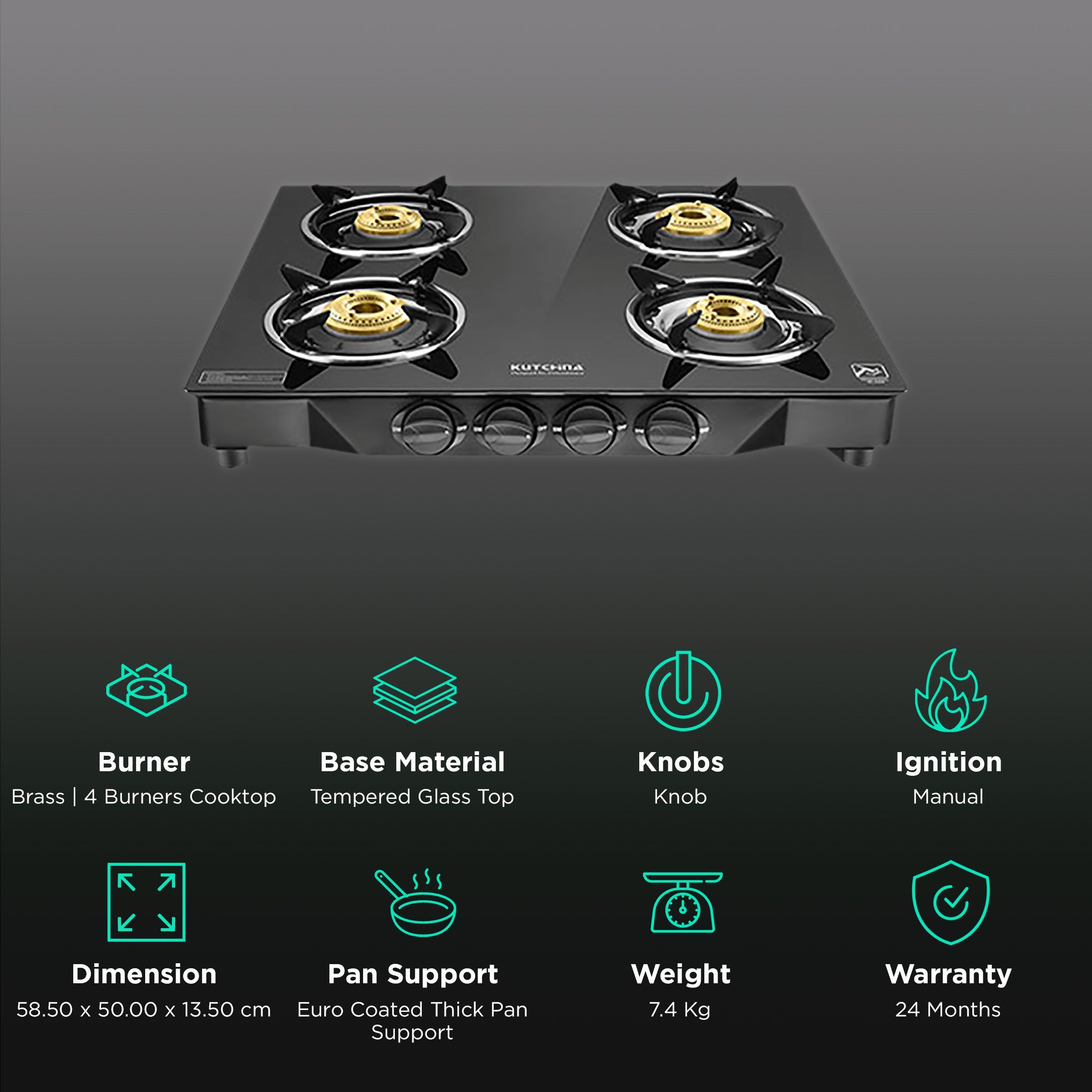 Kutchina Vetro Eco 4B Tempered Glass Top 4 Burner Manual Gas Stove (Euro Coated Thick Pan Support, Black)_3