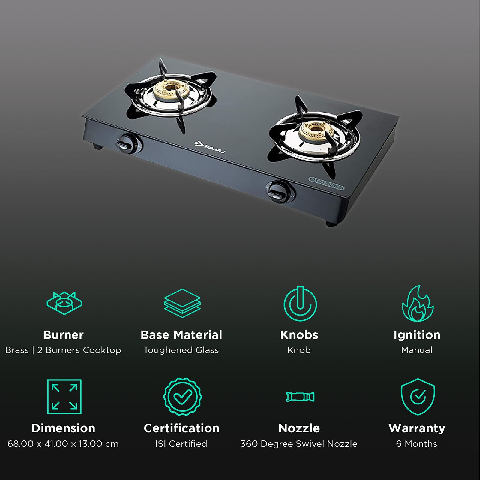 Bajaj 2BRGP7 Toughened Glass Top 2 Burner Manual Gas Stove (ISI Certified, Black)_3