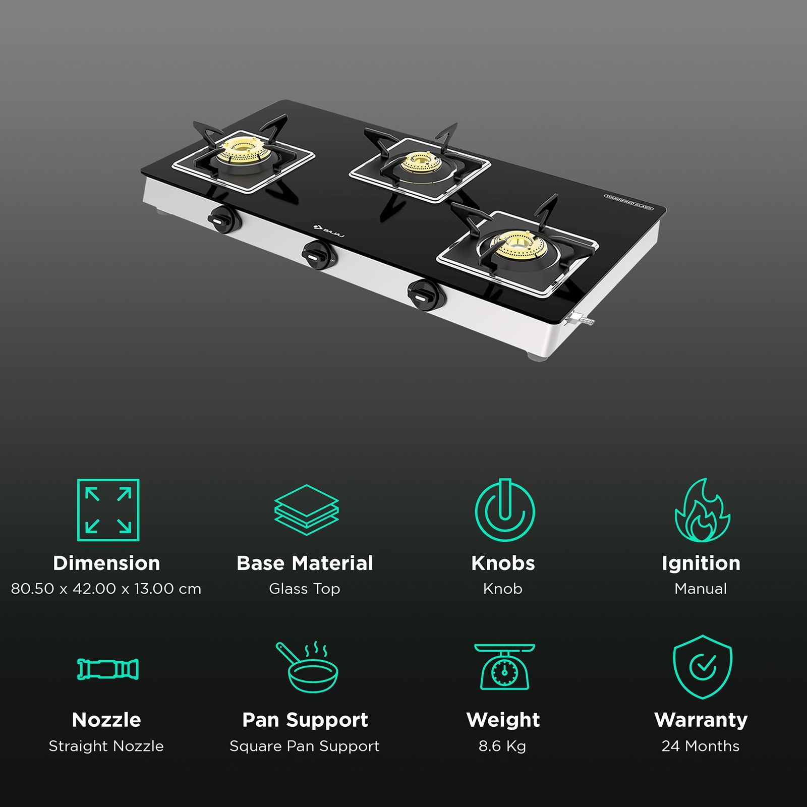 BAJAJ 3BJGS7 Glass Top 3 Burner Manual Gas Stove (Integrated SS Drip Tray, Black) BAJAJ 3BJGS7 Glass Top 3 Burner Manual Gas Stove (Integrated SS Drip Tray, Black)_3