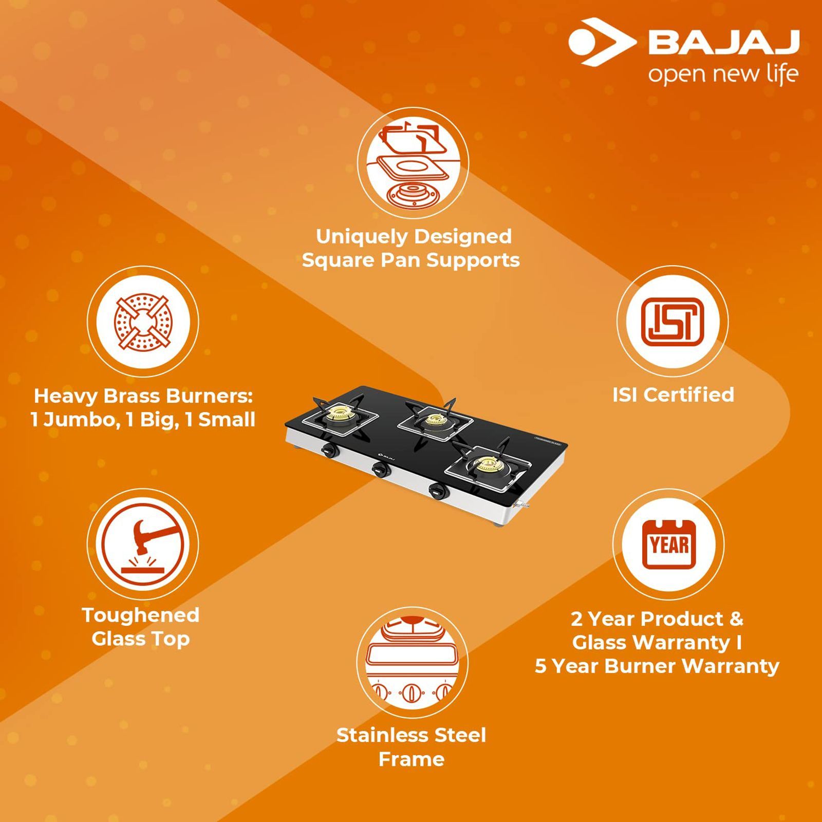 BAJAJ 3BJGS7 Glass Top 3 Burner Manual Gas Stove (Integrated SS Drip Tray, Black) BAJAJ 3BJGS7 Glass Top 3 Burner Manual Gas Stove (Integrated SS Drip Tray, Black)_5