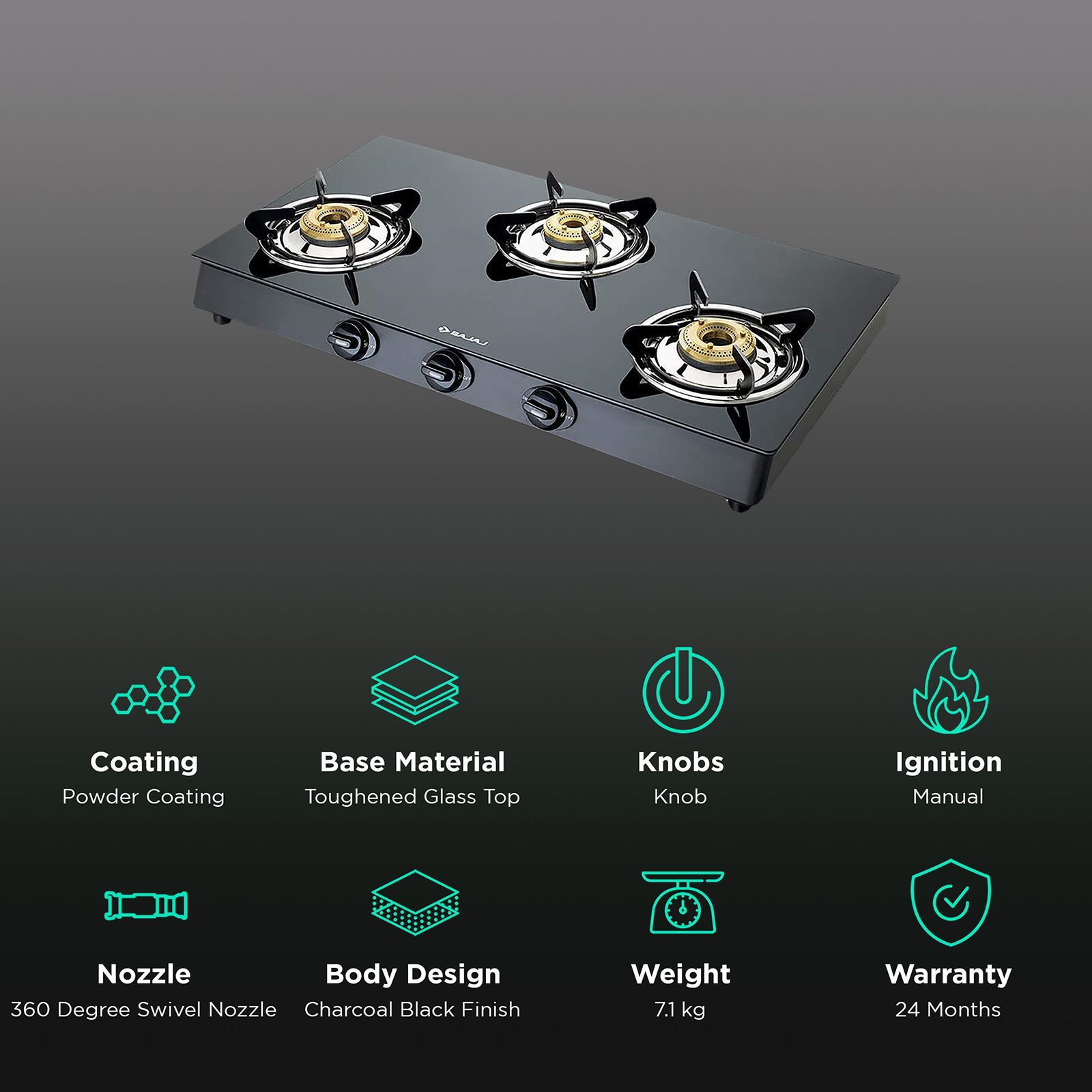 BAJAJ 3BR GP6 Toughened Glass Top 3 Burner Manual Gas Stove (Stainless Steel Drip Tray, Black) BAJAJ 3BR GP6 Toughened Glass Top 3 Burner Manual Gas Stove (Stainless Steel Drip Tray, Black)_3