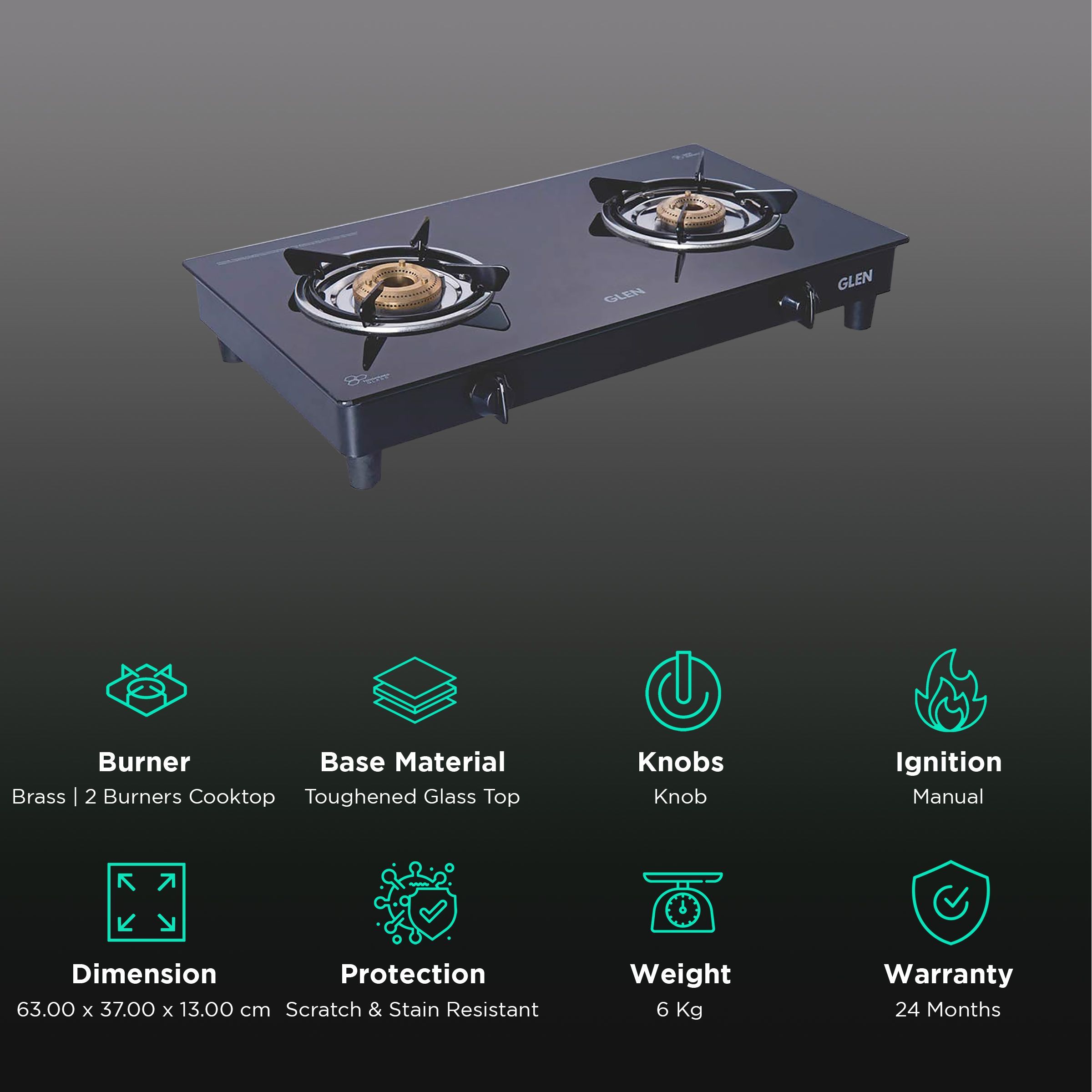 Glen 1020 GT XL BB BL Toughened Glass Top 2 Burner Manual Gas Stove (Scratch & Stain Resistant, Black)_3