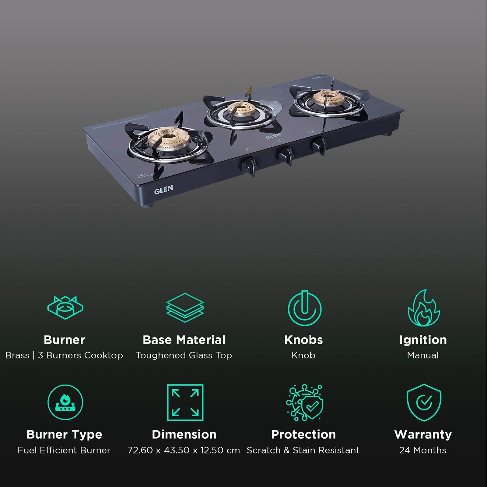 Glen 1032 GT HF BB DD BL Toughened Glass Top 3 Burner Manual Gas Stove (Scratch & Stain Resistant, Black)_3