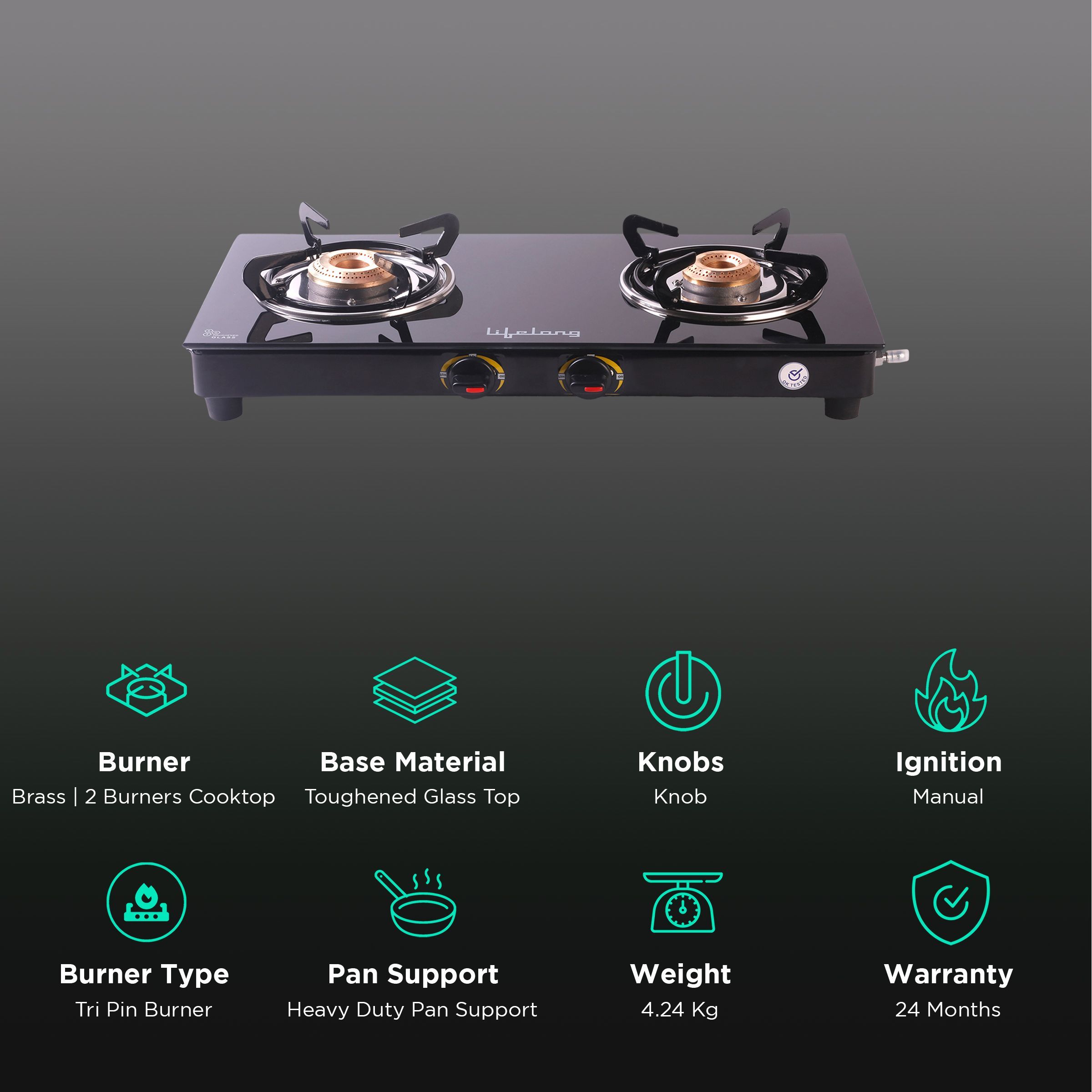Lifelong LLGS10 Toughened Glass Top 2 Burner Manual Gas Stove (Anti-Skid Feet, Black) Lifelong LLGS10 Toughened Glass Top 2 Burner Manual Gas Stove (Anti-Skid Feet, Black)_3