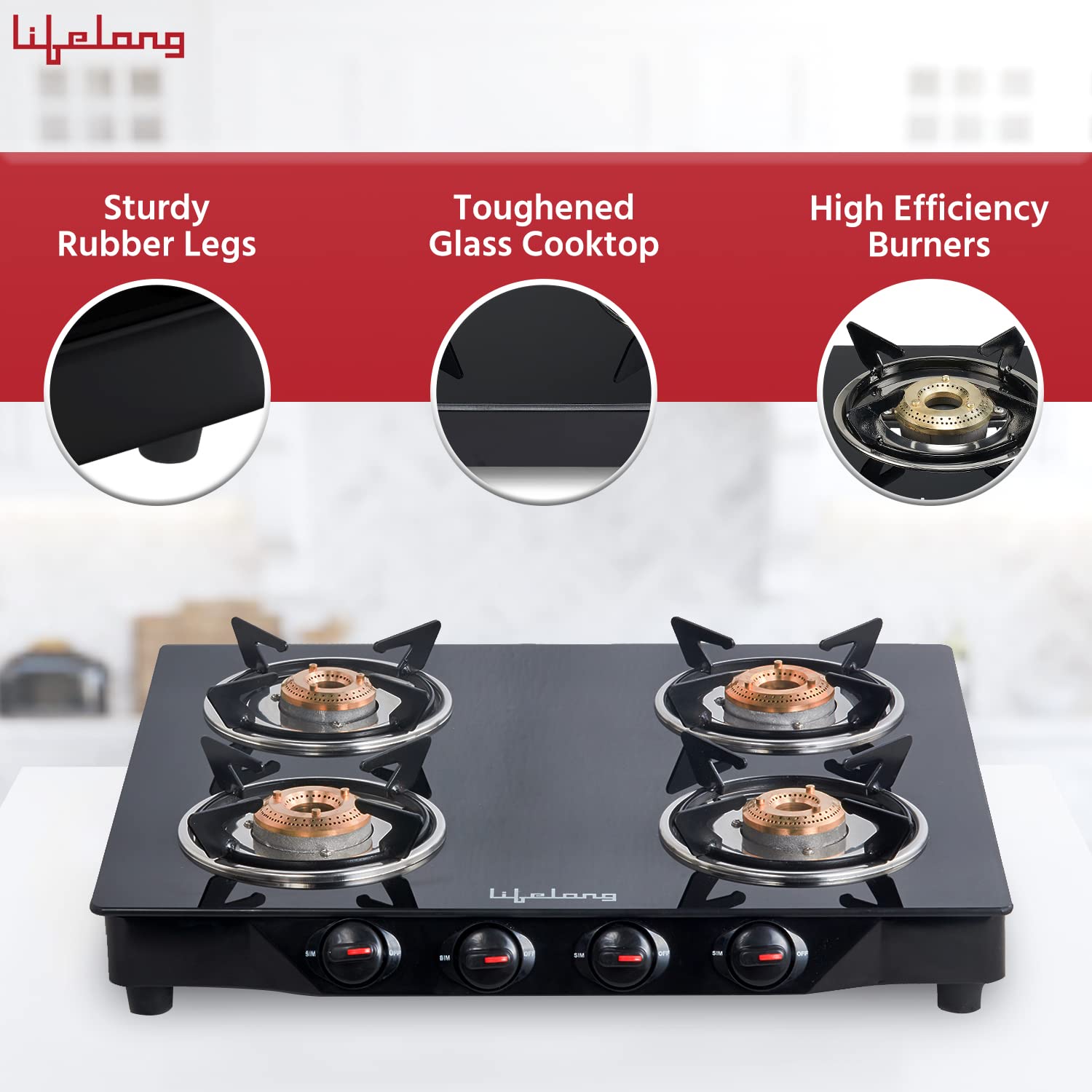 Lifelong LLGS27 Toughened Glass Top 4 Burner Manual Gas Stove (Nylon Knobs, Black)_8