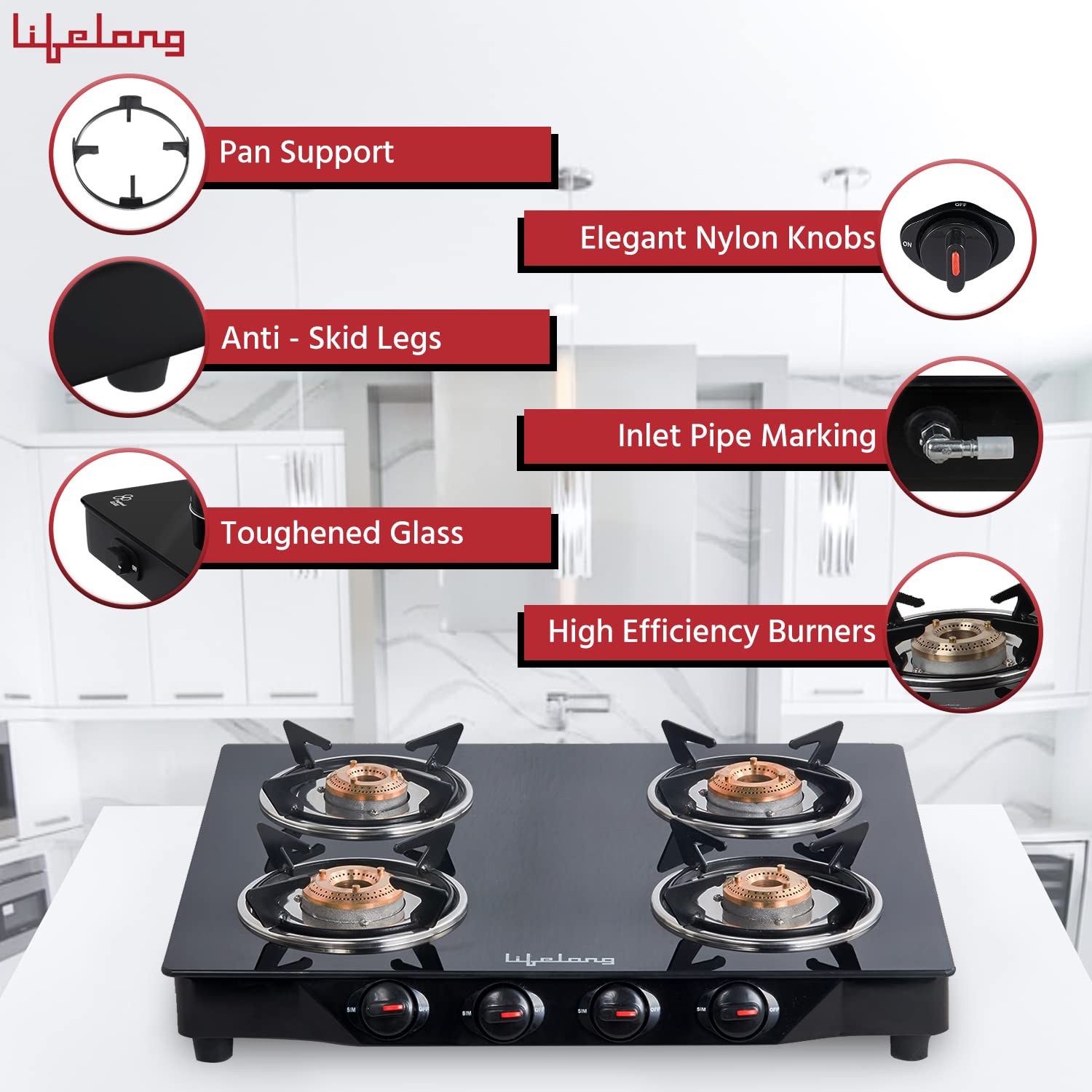 Lifelong LLGS27 Toughened Glass Top 4 Burner Manual Gas Stove (Nylon Knobs, Black)_9
