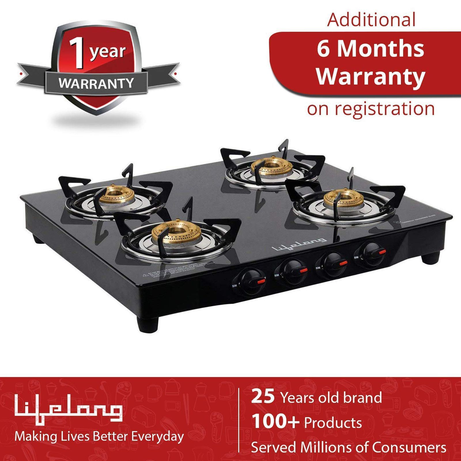 Lifelong LLGS27 Toughened Glass Top 4 Burner Manual Gas Stove (Nylon Knobs, Black)_13