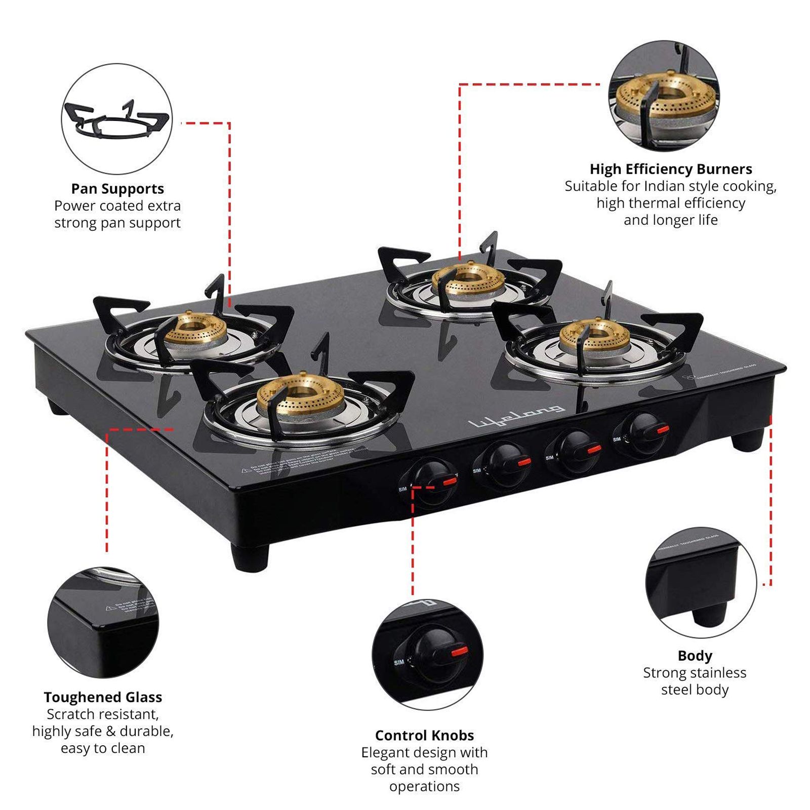 Lifelong LLGS27 Toughened Glass Top 4 Burner Manual Gas Stove (Nylon Knobs, Black)_14