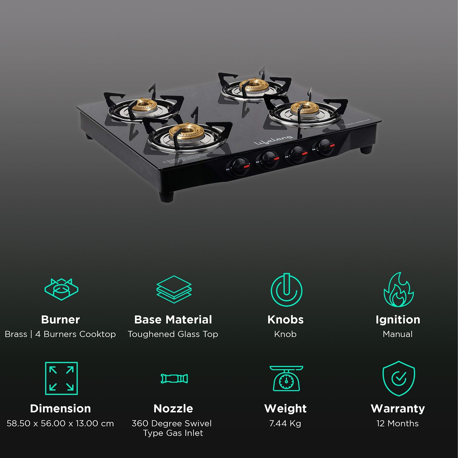 Lifelong LLGS27 Toughened Glass Top 4 Burner Manual Gas Stove (Nylon Knobs, Black)_3