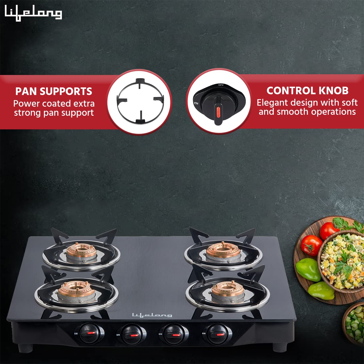 Lifelong LLGS27 Toughened Glass Top 4 Burner Manual Gas Stove (Nylon Knobs, Black)_7