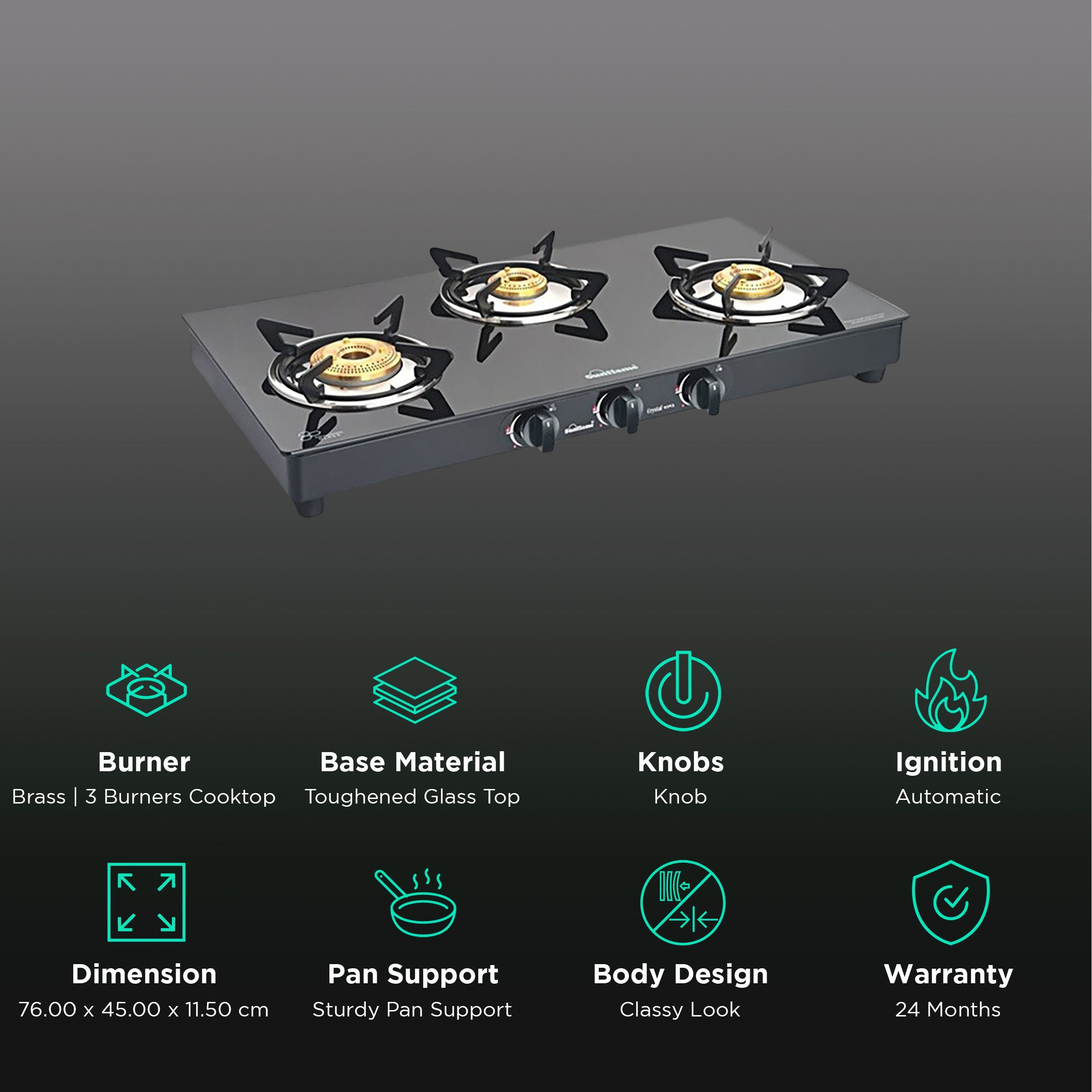 Sunflame PRIME 3B BK AI Toughened Glass Top 3 Burner Automatic Gas Stove (Sturdy Pan Support, Black)_3