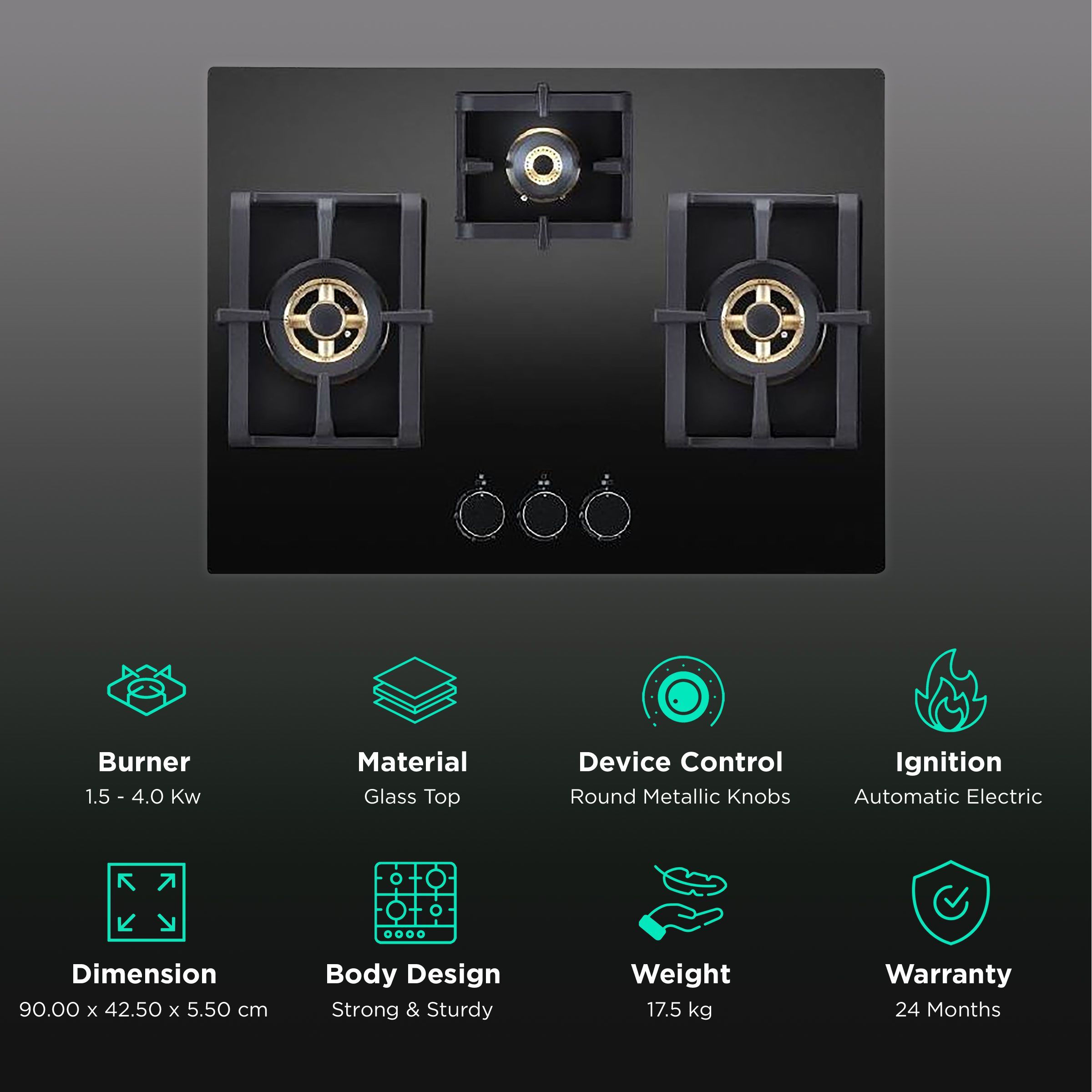 Elica PRO FB MFC 3B 70 DX Glass Top 3 Burner Automatic Electric Hob (Cast Iron Grid, Black)_3