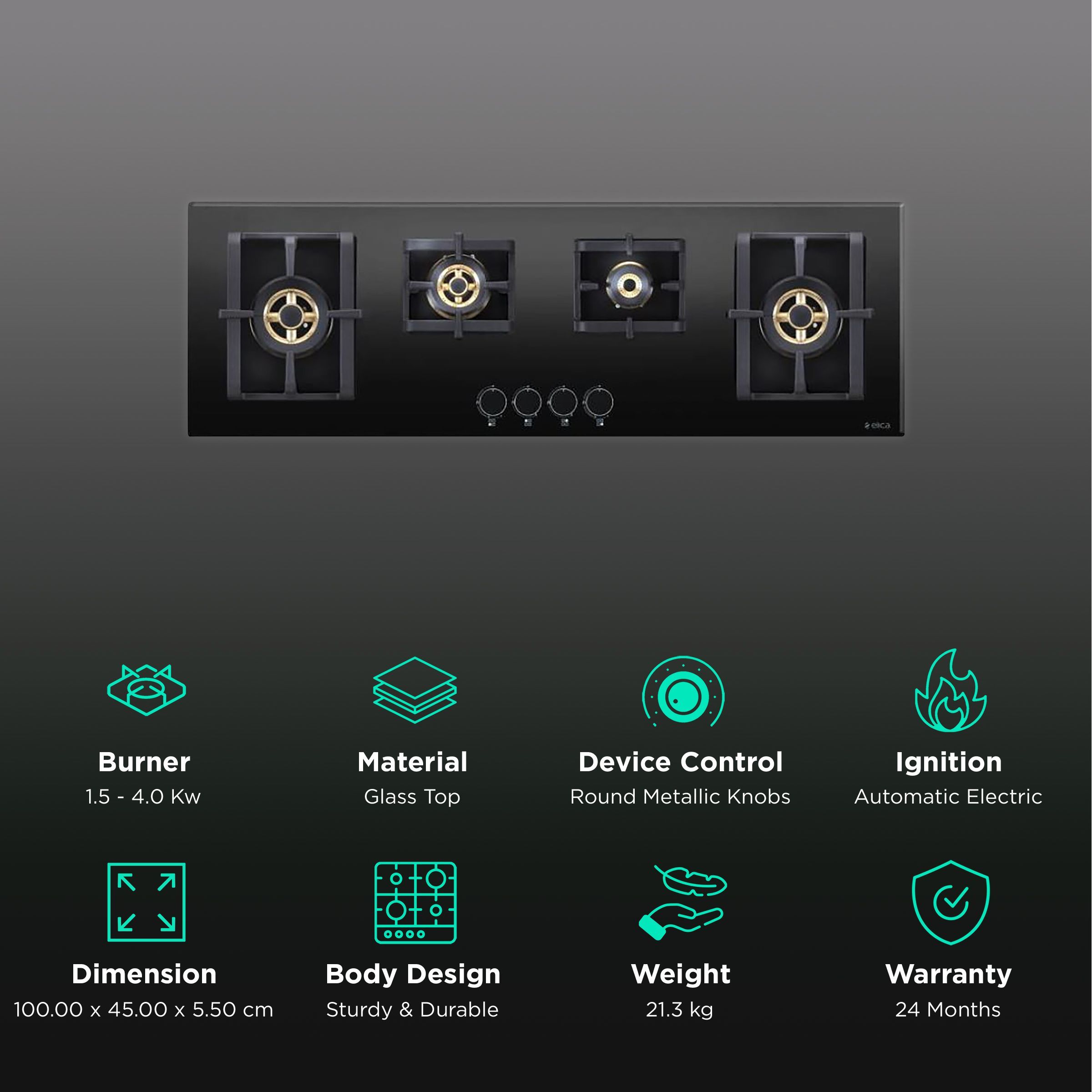 Elica PRO FB MFC 4B 100 DX Glass Top 4 Burner Automatic Electric Hob (Cast Iron Grid, Black)_3