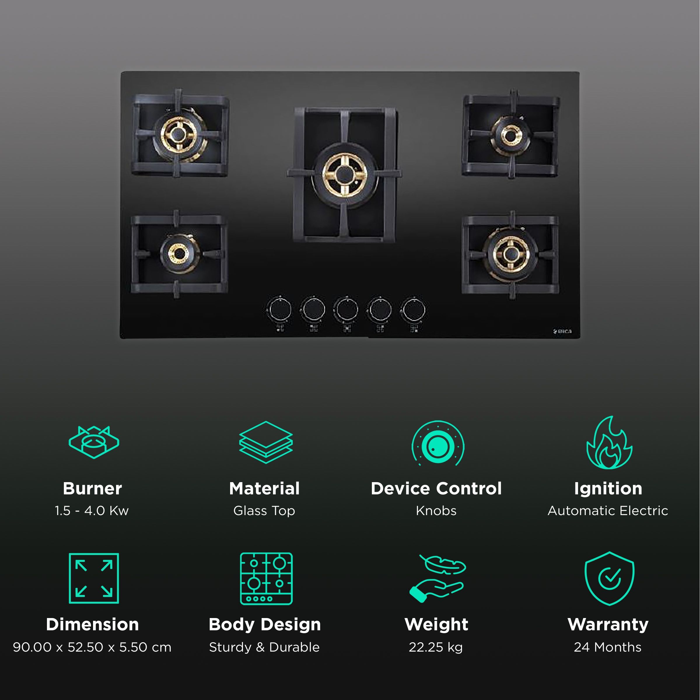 Elica PRO FB MFC 5B 90 MT Glass Top 5 Burner Automatic Electric Hob (Cast Iron Grid, Black)_3