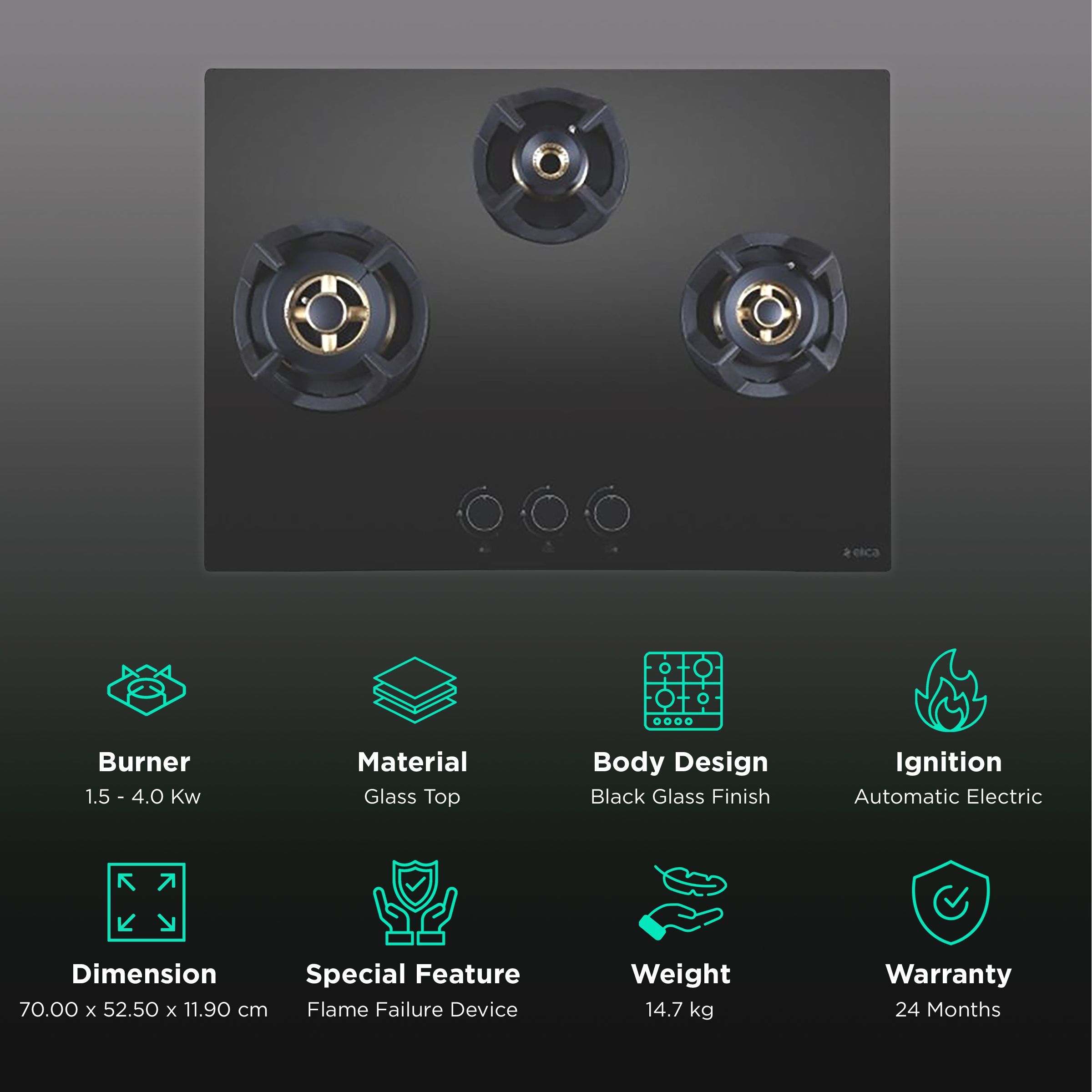 Elica CLASSIC FLEXI FB MFC 3B 70 MT FFD Glass Top 3 Burner Automatic Electric Hob (Heavy Duty Multi Frame Burners, Black)_3