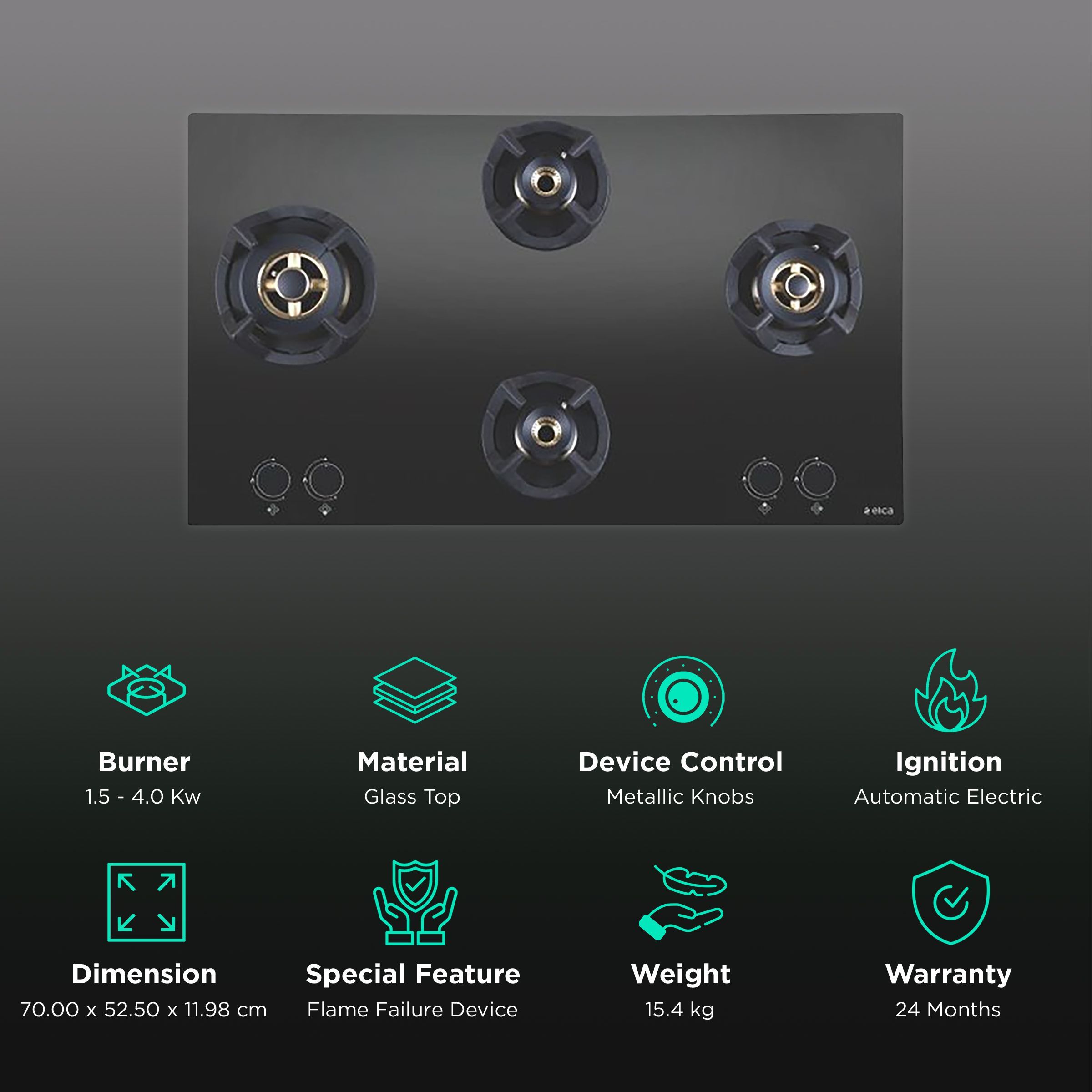 Elica CLASSIC FLEXI FB MFC 4B 70 MT FFD Glass Top 4 Burner Automatic Electric Hob (Round Metallic Knob, Black)_3