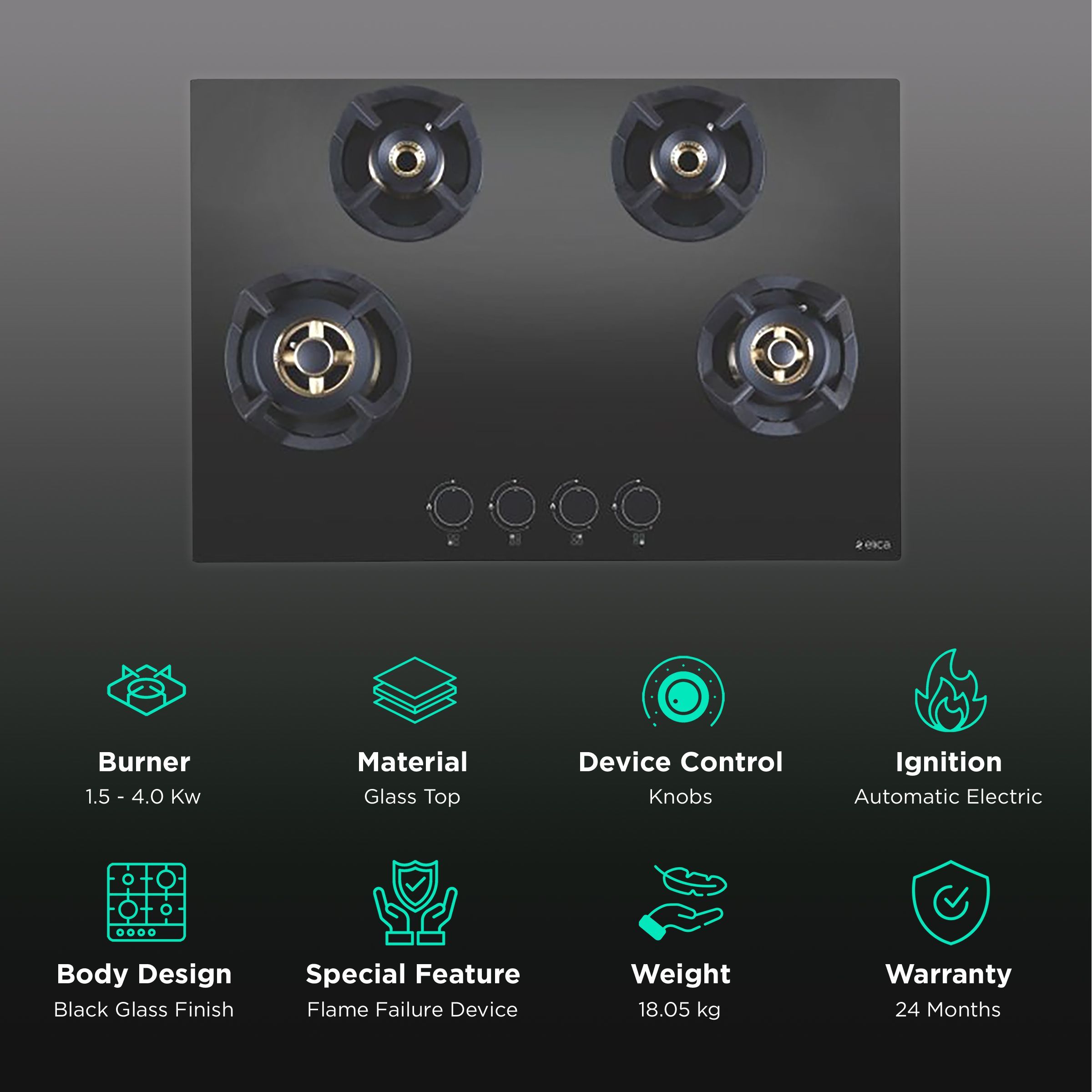 Elica CLASSIC FLEXI FB MFC 4B 90 MT FFD Glass Top 4 Burner Automatic Electric Hob (Heavy Duty Multi Frame Burners, Black)_3