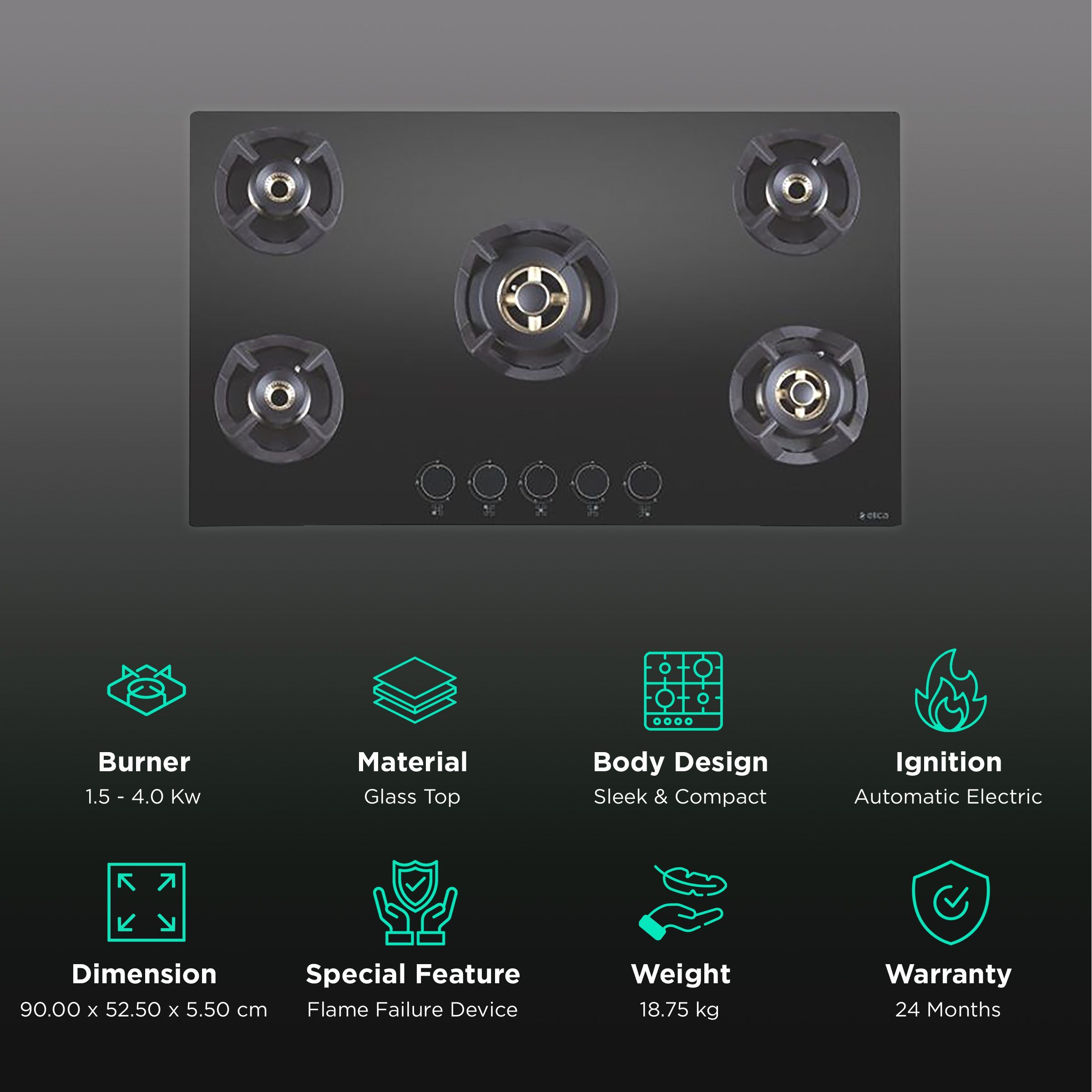 Elica CLASSIC FLEXI FB MFC 5B 90 MT FFD Glass Top 5 Burner Automatic Electric Hob (Flame Failure Device, Black) Elica CLASSIC FLEXI FB MFC 5B 90 MT FFD Glass Top 5 Burner Automatic Electric Hob (Flame Failure Device, Black)_3