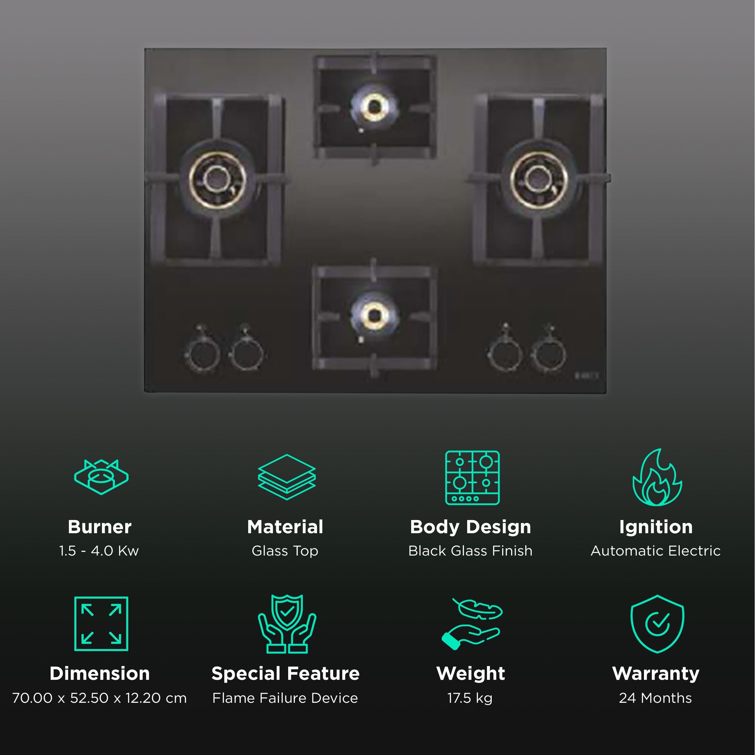 Elica PRO AB MFC 4B 70 DX FFD Glass Top 4 Burner Automatic Electric Hob (Cast Iron Grill Rack, Black)_3