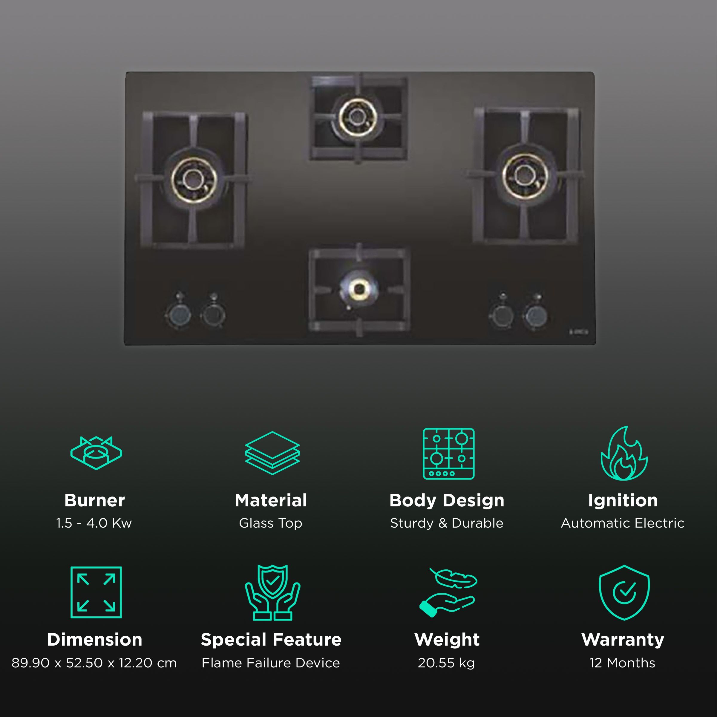 Elica PRO AB MFC 4B 91 DX FFD Glass Top 4 Burner Automatic Electric Hob (Cast Iron Grid, Black)_3