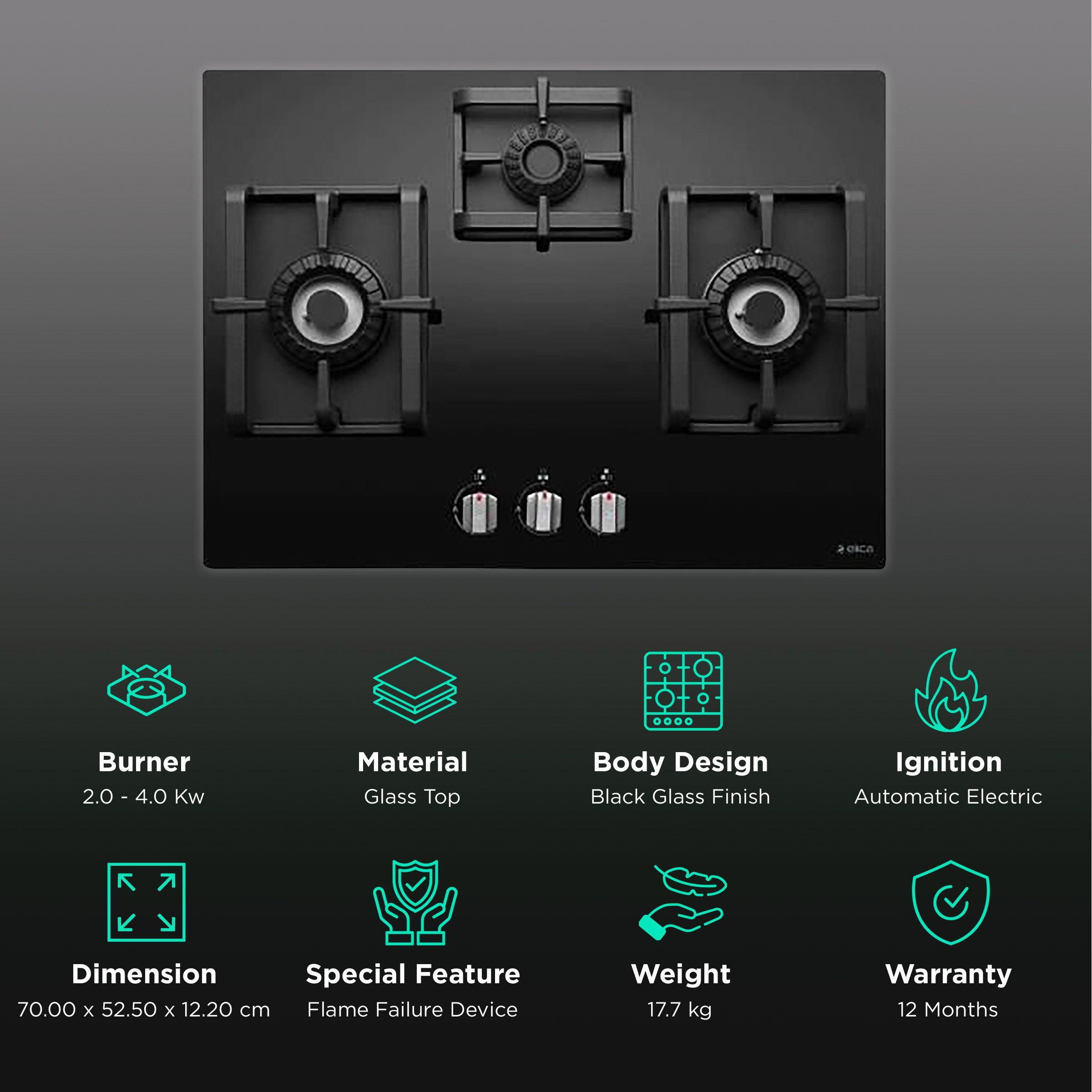 Elica PRO MFC 3B 70 DX SWIRL FFD N Glass Top 3 Burner Automatic Electric Hob (Cast Iron Grill Rack, Black)_3