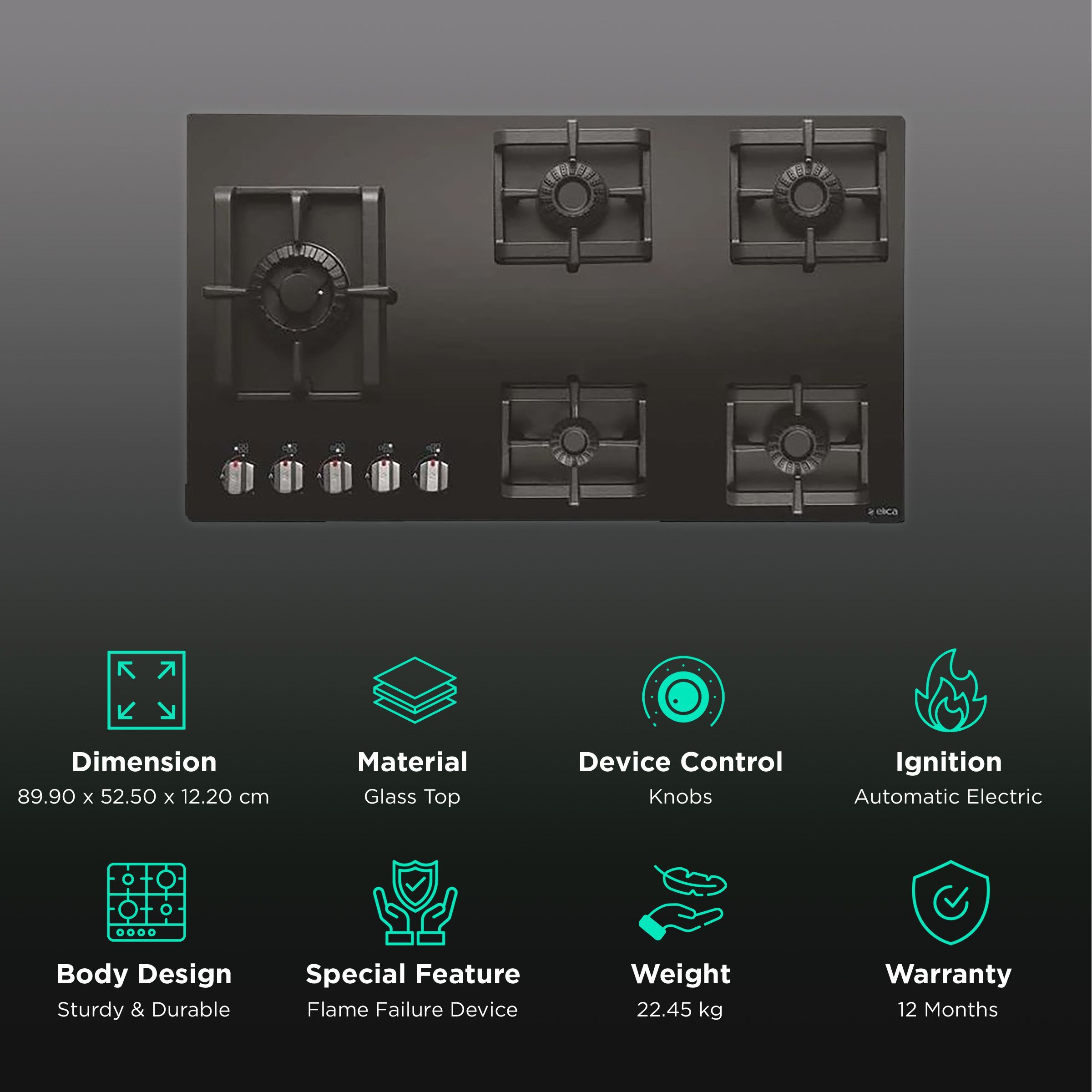 Elica PRO MFC 5B 91 SWIRL FFD Glass Top 5 Burner Automatic Electric Hob (Cast Iron Grill Rack, Black)_3