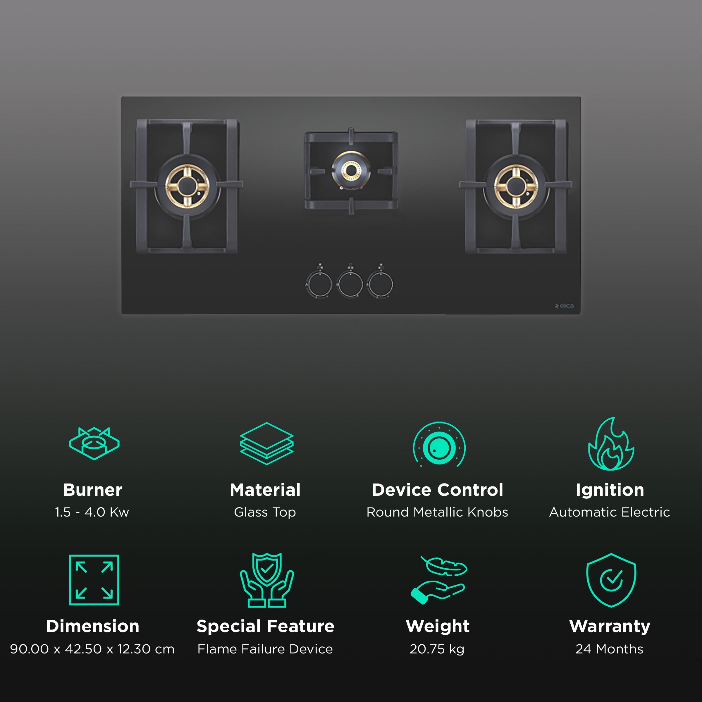 Elica PRO FB MFC 3B 90 DX FFD Glass Top 3 Burner Automatic Electric Hob (Round Metallic Knob, Black)_3
