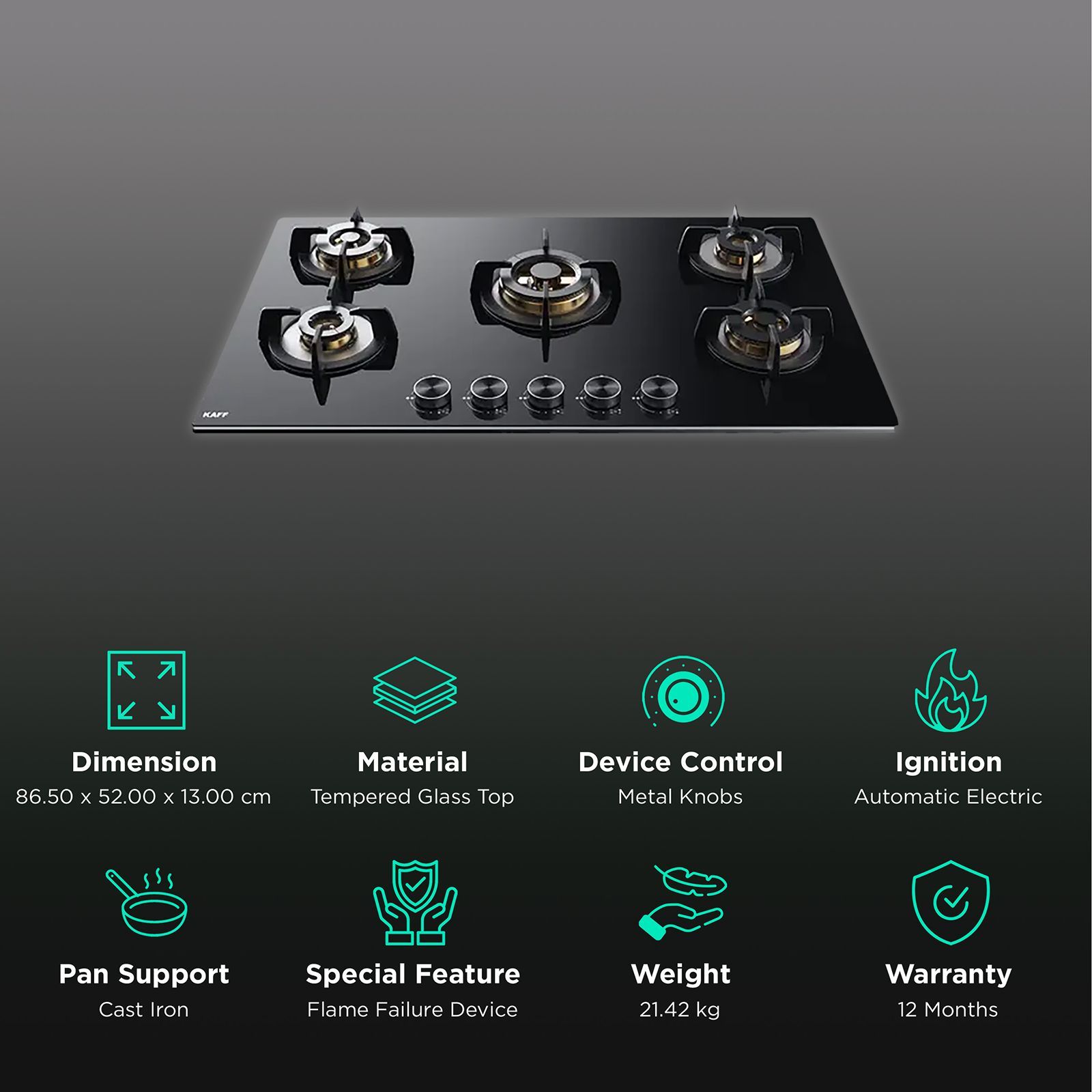 KAFF Bellini Tempered Glass Top 5 Burner Automatic Electric Hob (Flame Failure Device, Black)_3