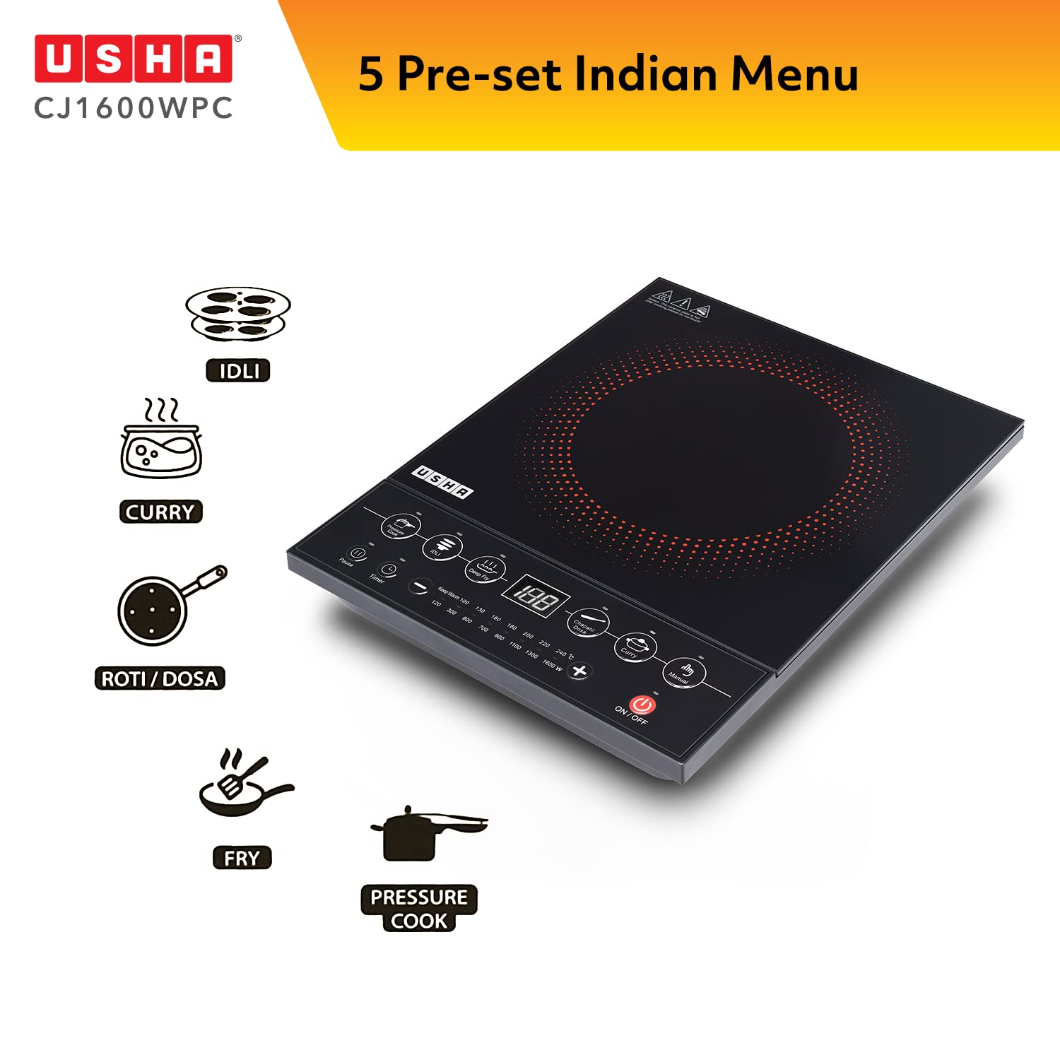 USHA Cookjoy 1600W Induction Cooktop with 5 Preset Menus_9