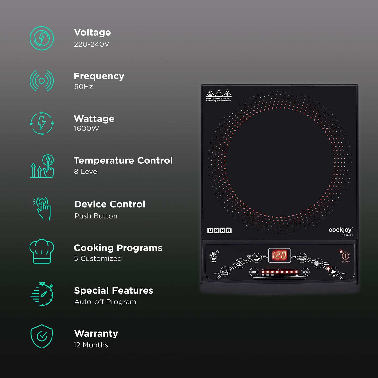 USHA Cookjoy 1600W Induction Cooktop with 5 Preset Menus_3