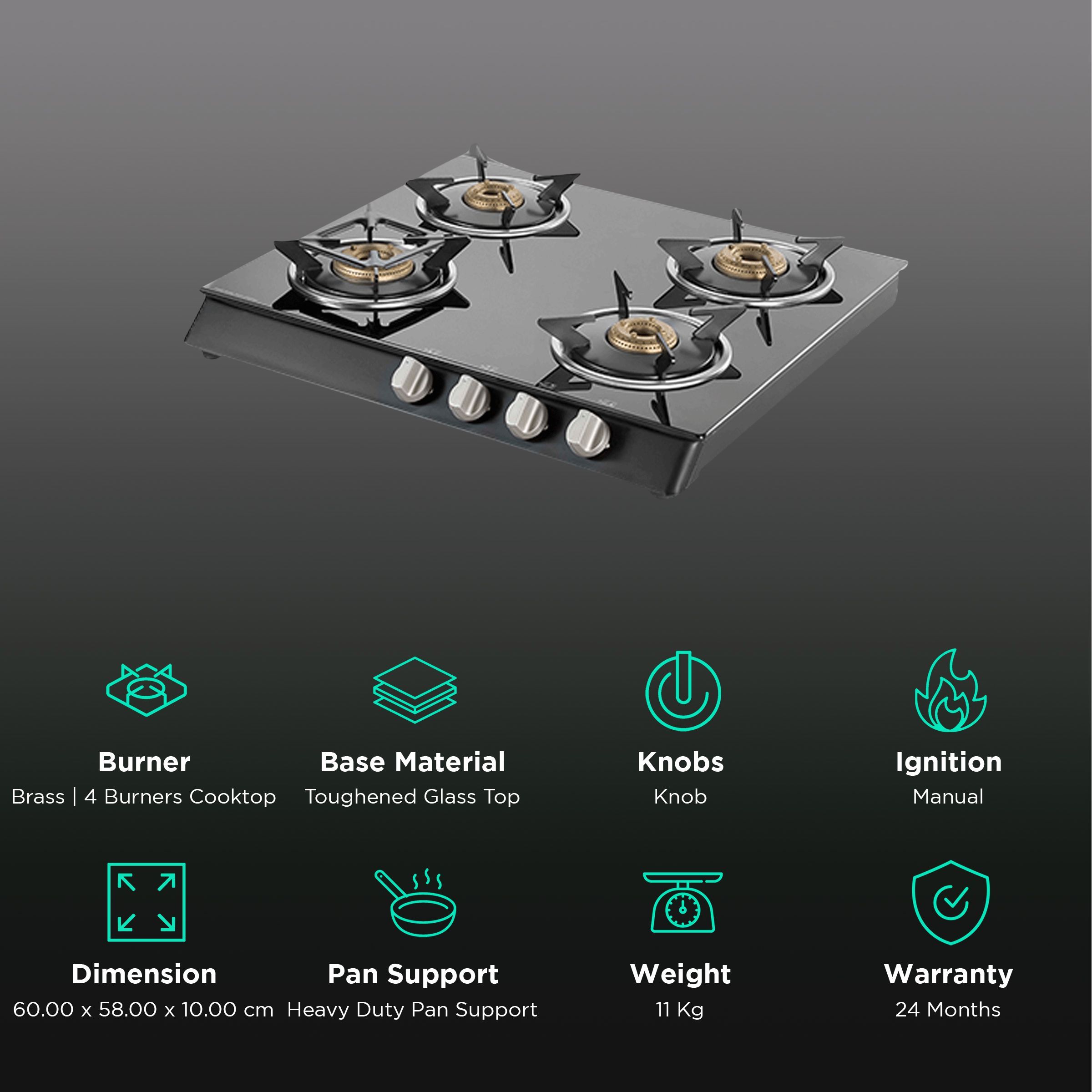 KAFF CTB584B Toughened Glass Top 4 Burner Manual Gas Stove (Heavy Duty Pan Support, Black)_3