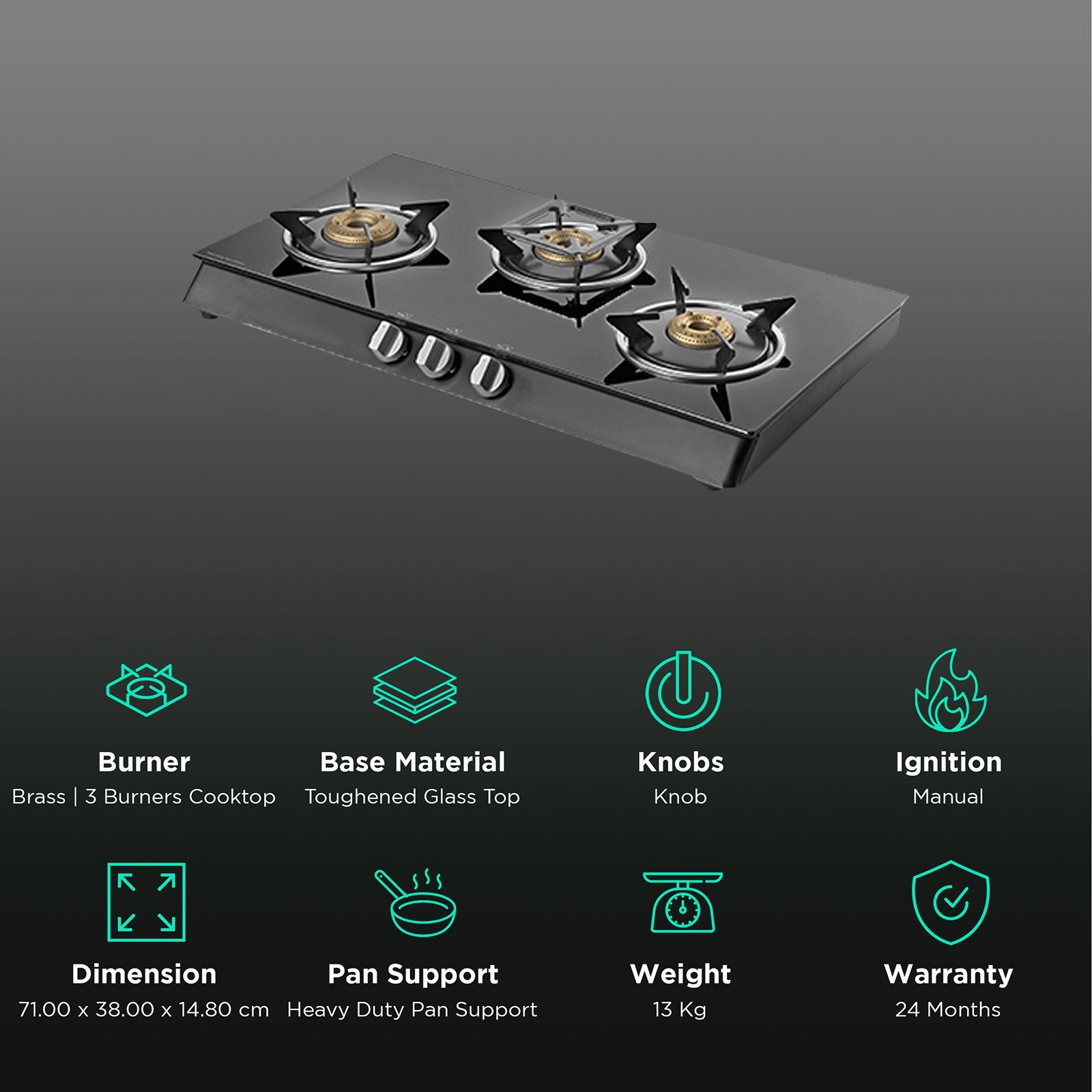 KAFF CTB713B Toughened Glass Top 3 Burner Manual Gas Stove (Heavy Duty Pan Support, Black)_3
