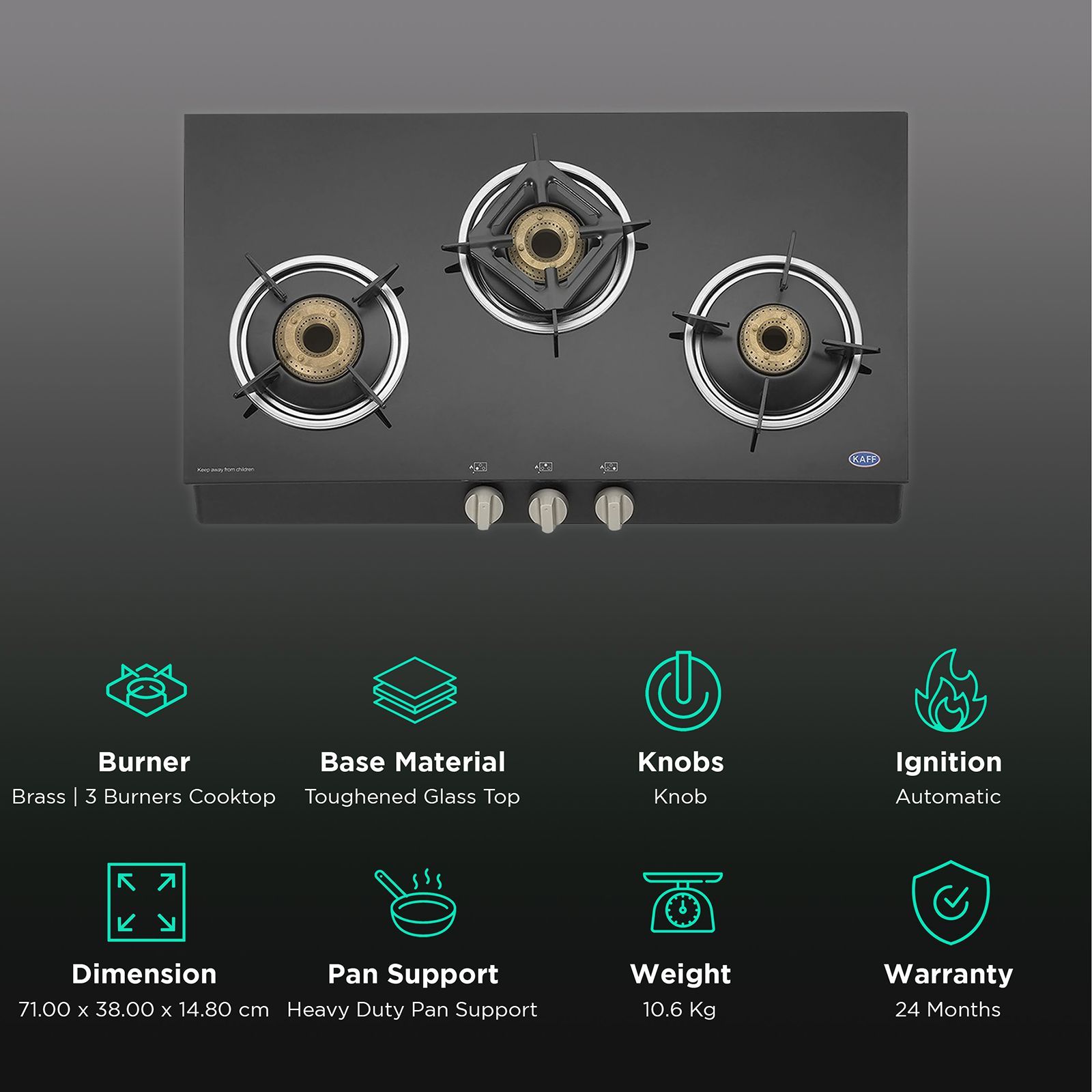 KAFF CTB713BAI Toughened Glass Top 3 Burner Automatic Gas Stove (Heavy Duty Pan Support, Black)_3