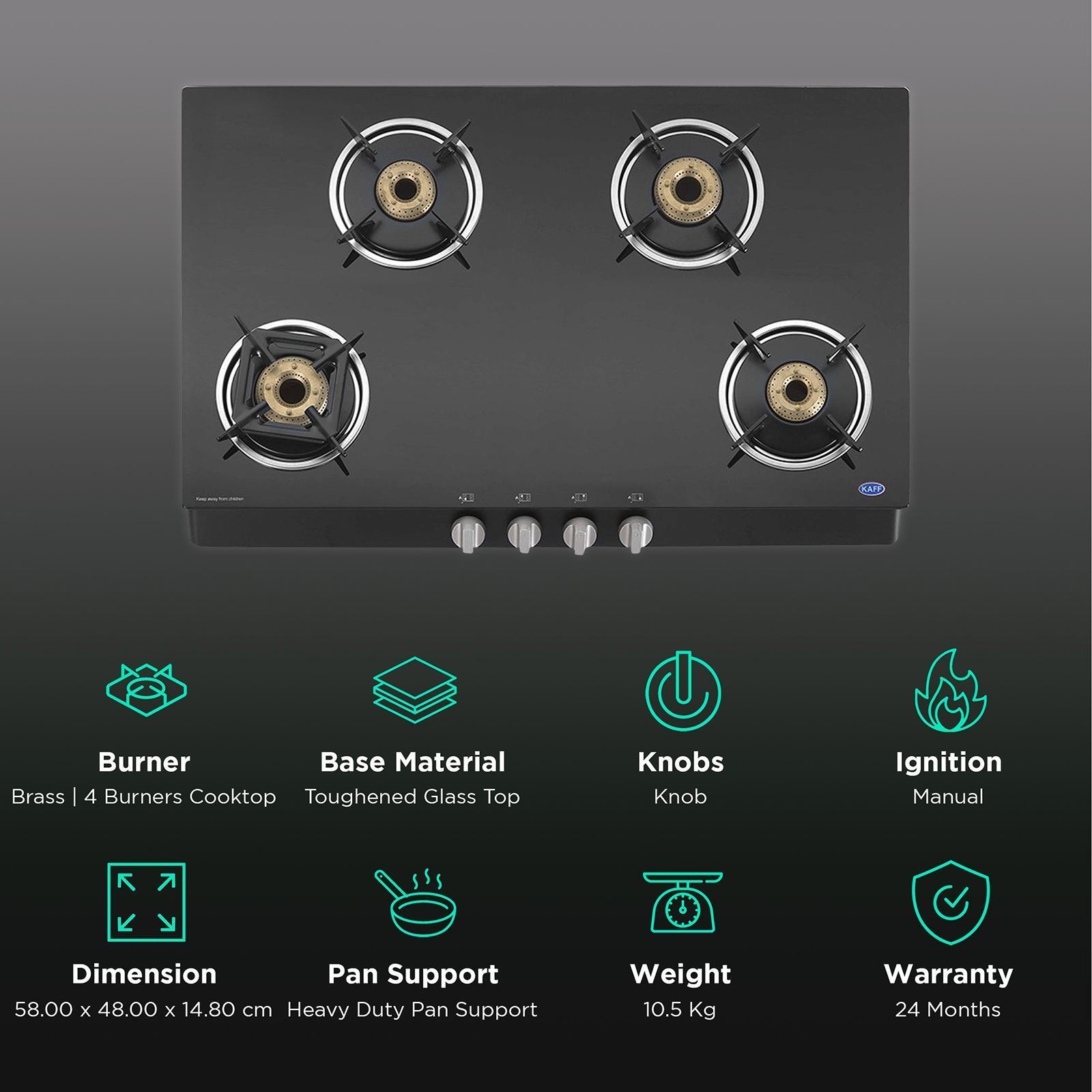 KAFF CTB694B Toughened Glass Top 4 Burner Manual Gas Stove (Heavy Duty Pan Support, Black)_3
